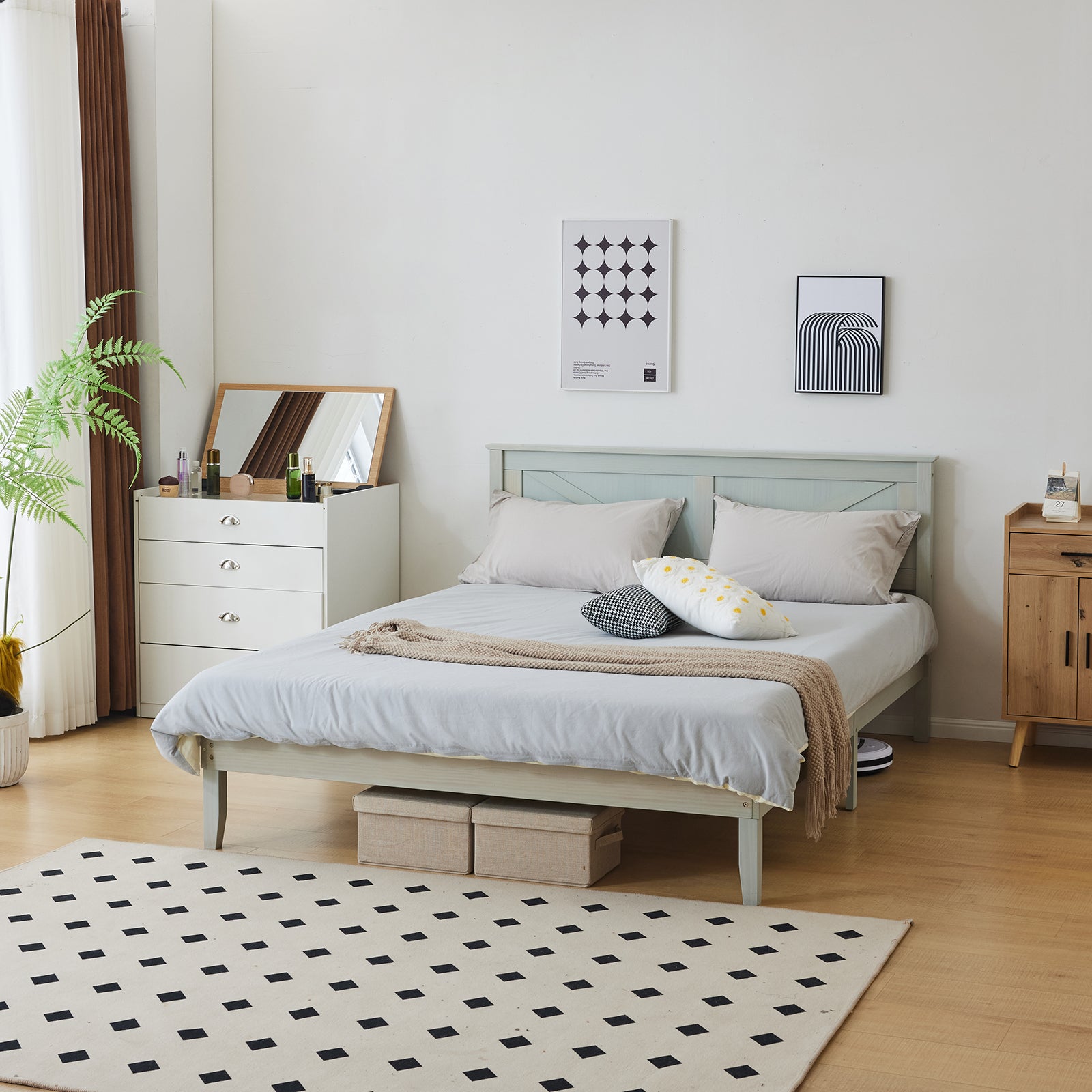 HAOYYE Full Size Solid Wood Platform Bed Frame with Headboard, Gray Wash Finish, Sturdy and Durable, No Box Spring Needed, Modern Minimalist Design, Easy Assembly, Stable Support with 9 Legs and 14 Slats, Perfect for Bedroom or Guest Room
