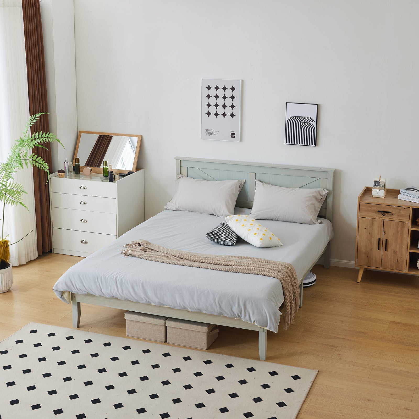 HAOYYE Full Size Solid Wood Platform Bed Frame with Headboard, Gray Wash Finish, Sturdy and Durable, No Box Spring Needed, Modern Minimalist Design, Easy Assembly, Stable Support with 9 Legs and 14 Slats, Perfect for Bedroom or Guest Room