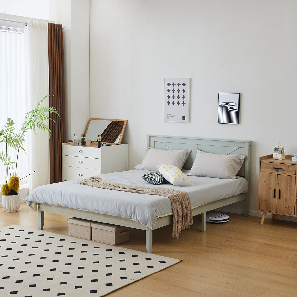HAOYYE Full Size Solid Wood Platform Bed Frame with Headboard, Gray Wash Finish, Sturdy and Durable, No Box Spring Needed, Modern Minimalist Design, Easy Assembly, Stable Support with 9 Legs and 14 Slats, Perfect for Bedroom or Guest Room