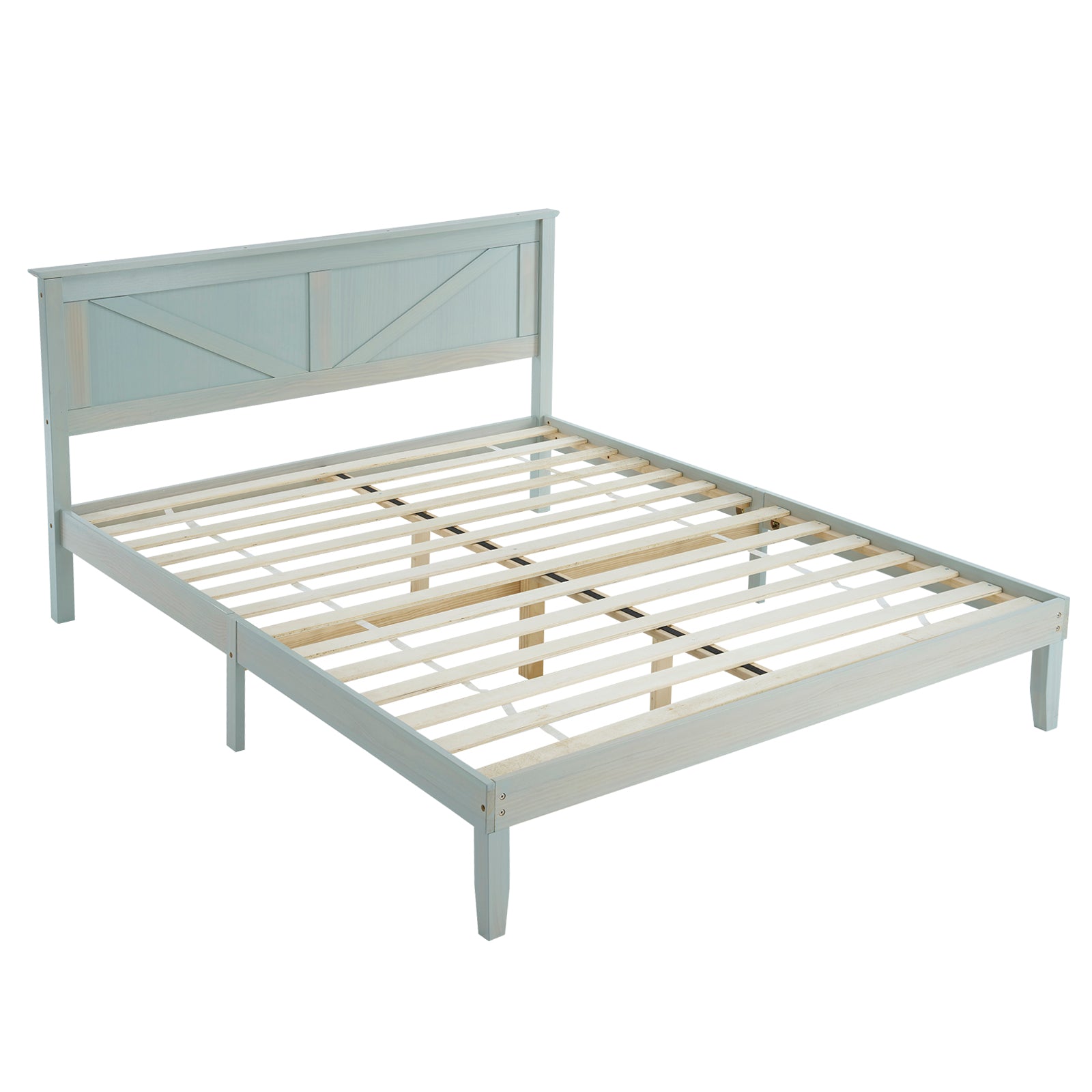 HAOYYE Full Size Solid Wood Platform Bed Frame with Headboard, Gray Wash Finish, Sturdy and Durable, No Box Spring Needed, Modern Minimalist Design, Easy Assembly, Stable Support with 9 Legs and 14 Slats, Perfect for Bedroom or Guest Room