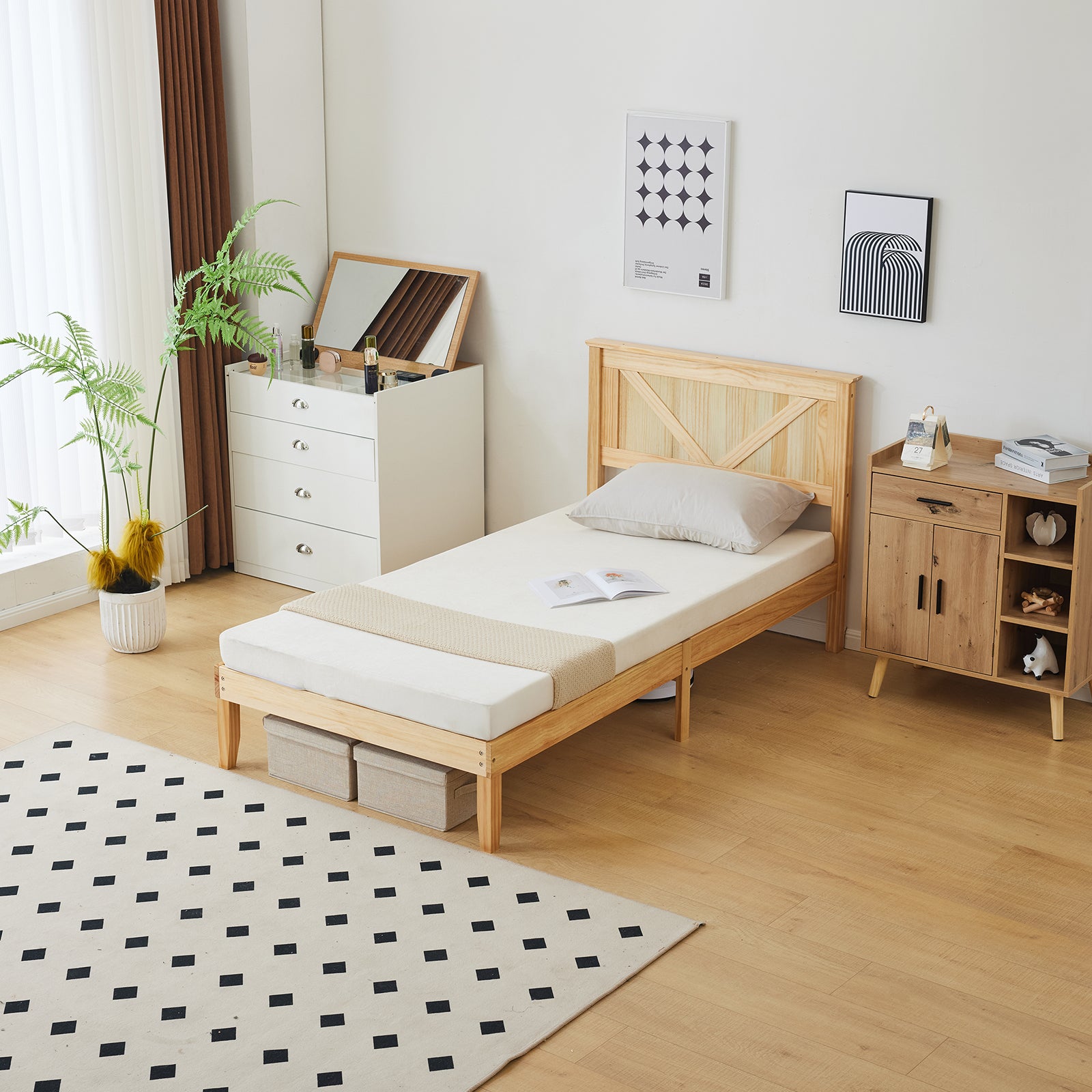 HAOYYE Twin Size Solid Wood Platform Bed Frame with Headboard, Natural Wood Finish, Sturdy and Durable, No Box Spring Needed, Modern Design with Strong Support, Easy Assembly, Perfect for Bedroom, Kids Room, or Guest Room