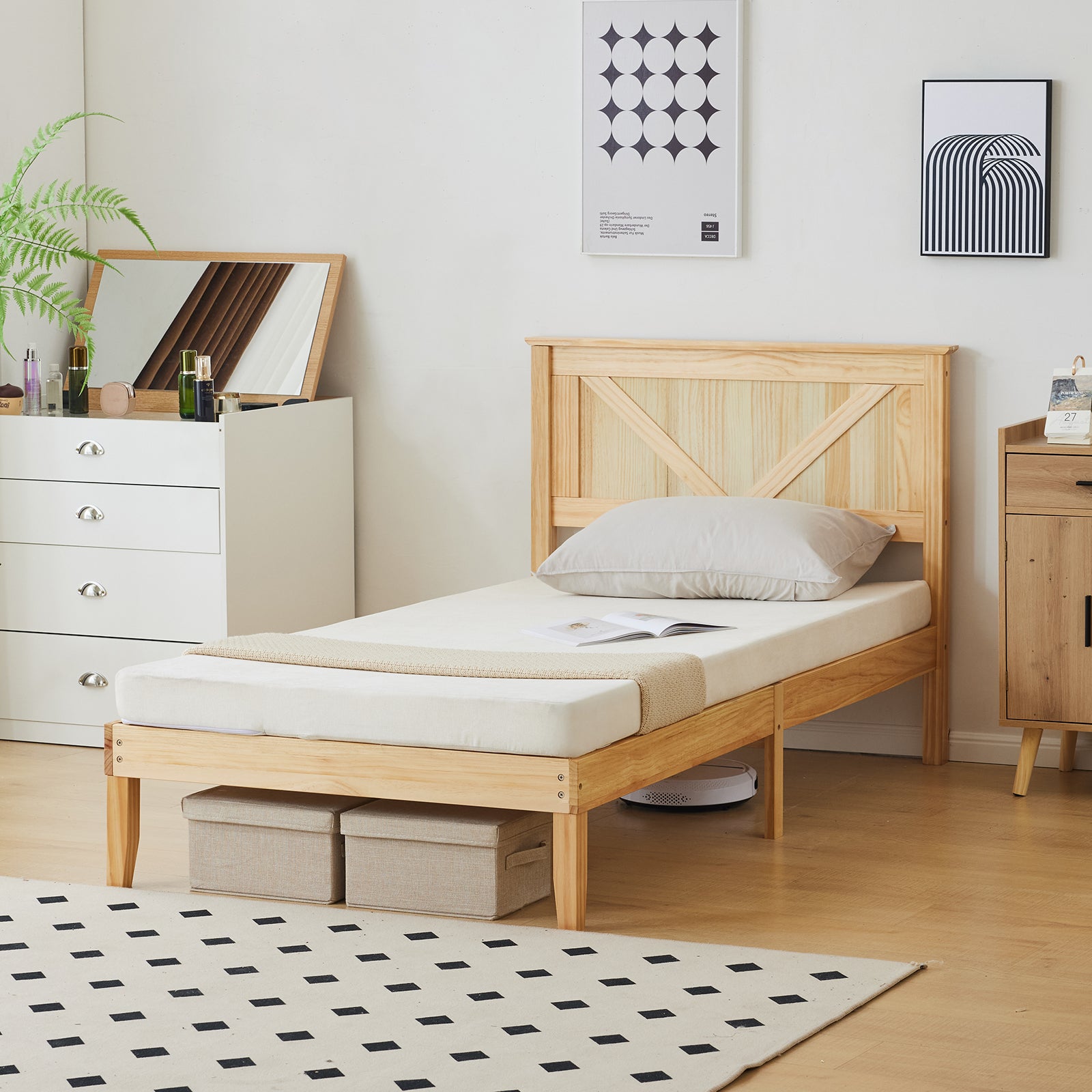 HAOYYE Twin Size Solid Wood Platform Bed Frame with Headboard, Natural Wood Finish, Sturdy and Durable, No Box Spring Needed, Modern Design with Strong Support, Easy Assembly, Perfect for Bedroom, Kids Room, or Guest Room