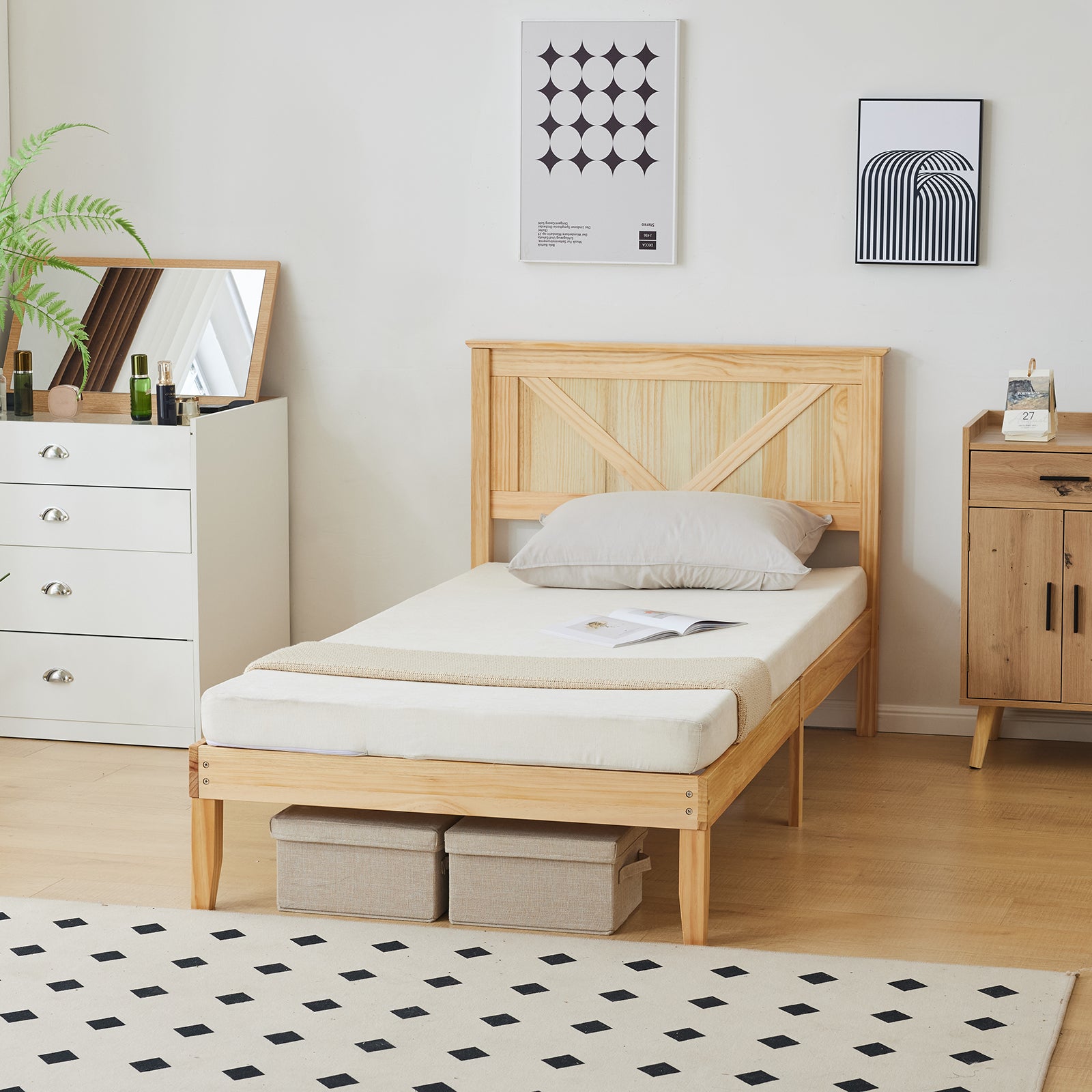 HAOYYE Twin Size Solid Wood Platform Bed Frame with Headboard, Natural Wood Finish, Sturdy and Durable, No Box Spring Needed, Modern Design with Strong Support, Easy Assembly, Perfect for Bedroom, Kids Room, or Guest Room