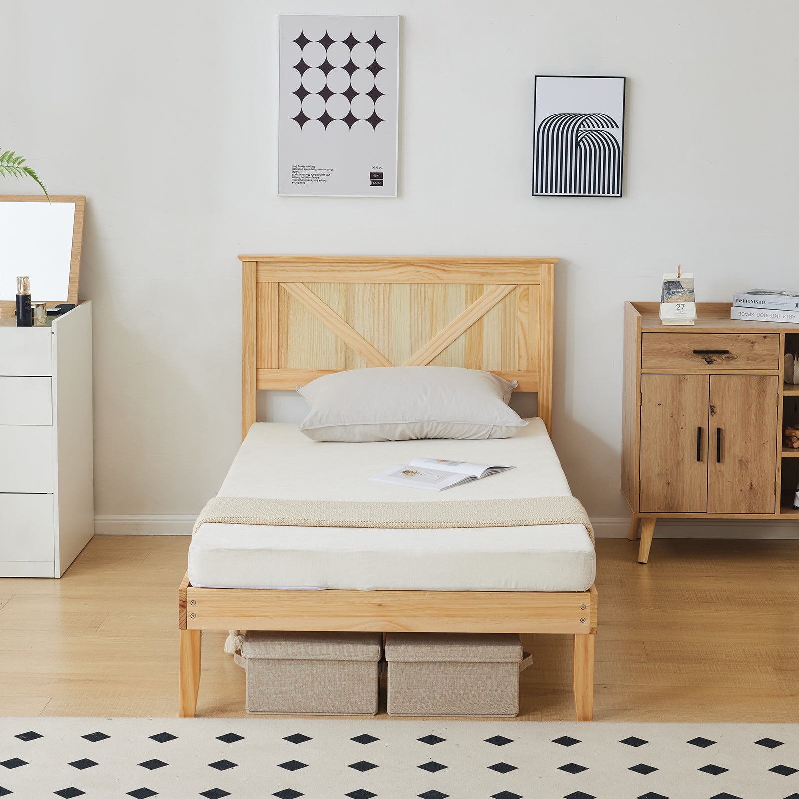 HAOYYE Twin Size Solid Wood Platform Bed Frame with Headboard, Natural Wood Finish, Sturdy and Durable, No Box Spring Needed, Modern Design with Strong Support, Easy Assembly, Perfect for Bedroom, Kids Room, or Guest Room
