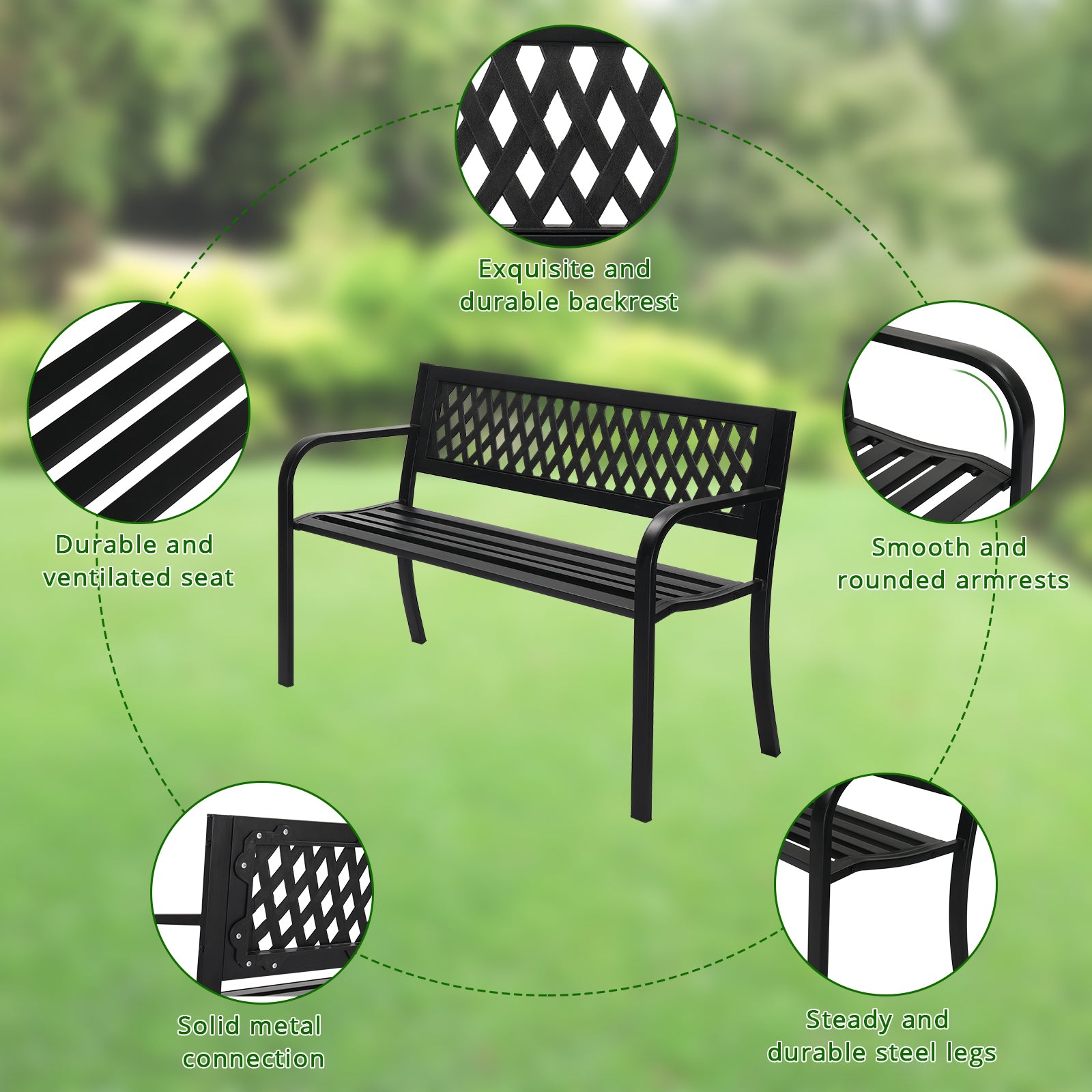 HAOYYE Outdoor PVC Mesh Backrest Iron Bench, Sturdy & Comfortable Seating for Gardens, Patios, and Pathways