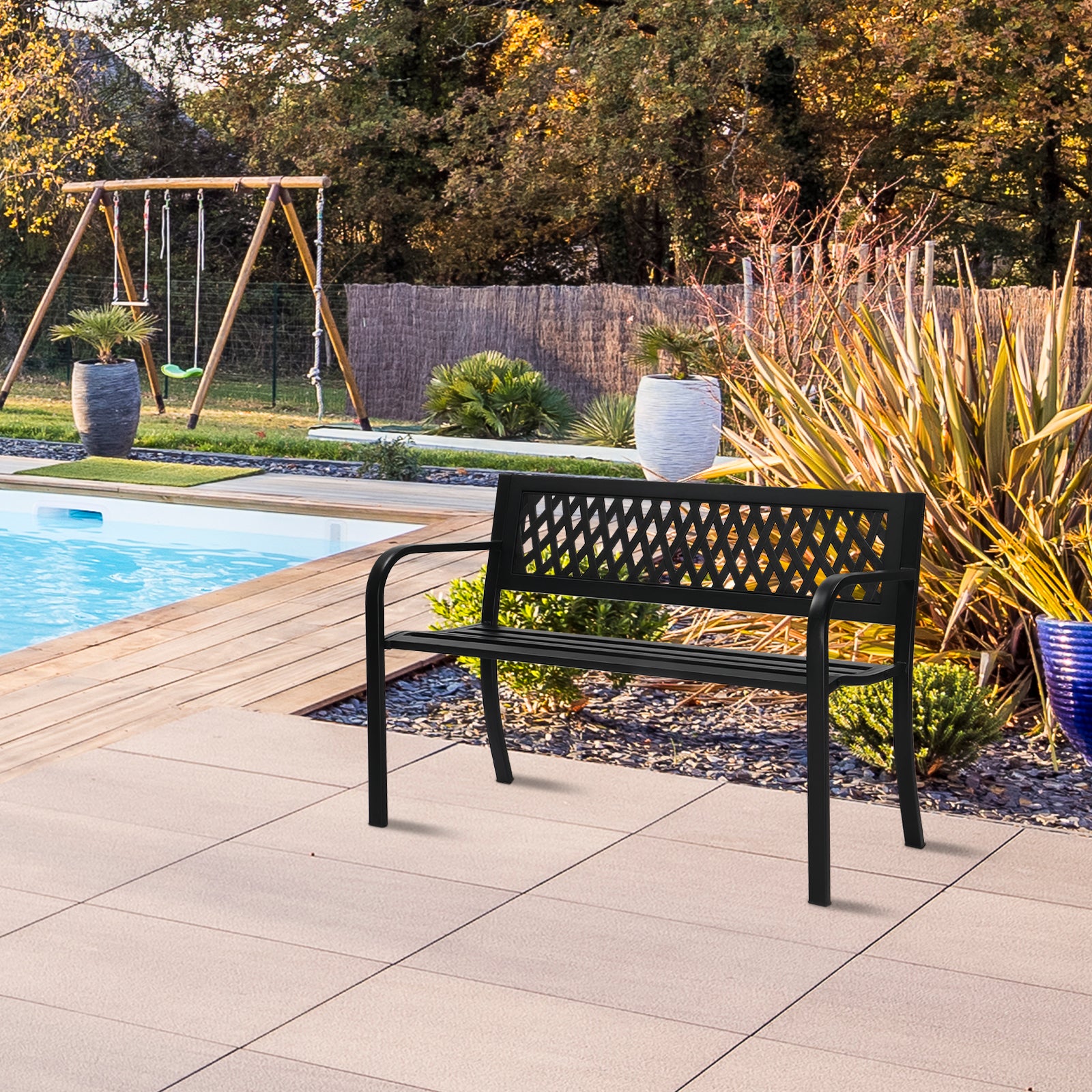 HAOYYE Outdoor PVC Mesh Backrest Iron Bench, Sturdy & Comfortable Seating for Gardens, Patios, and Pathways