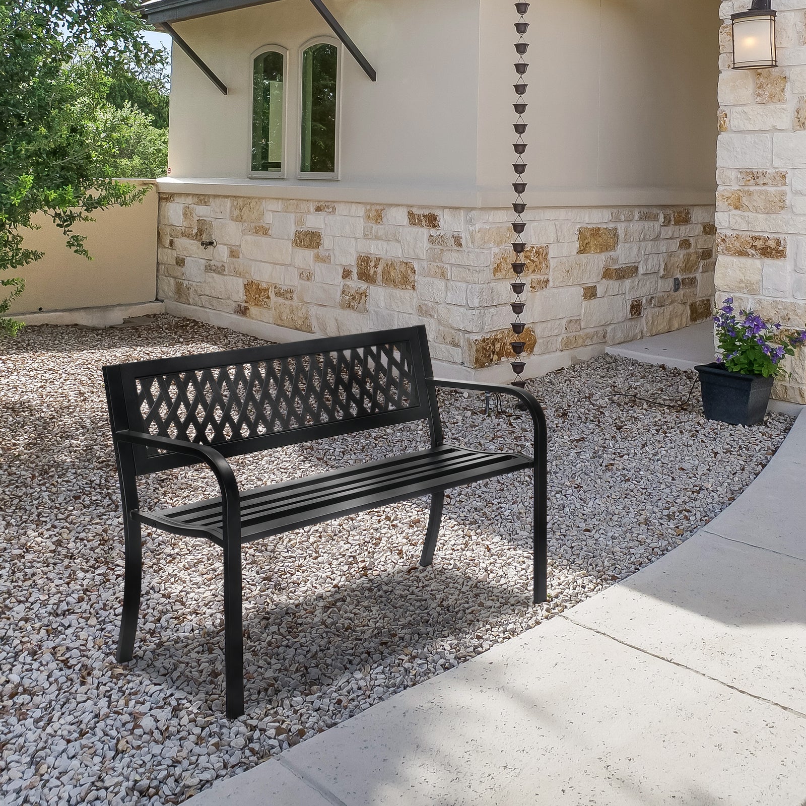 HAOYYE Outdoor PVC Mesh Backrest Iron Bench, Sturdy & Comfortable Seating for Gardens, Patios, and Pathways