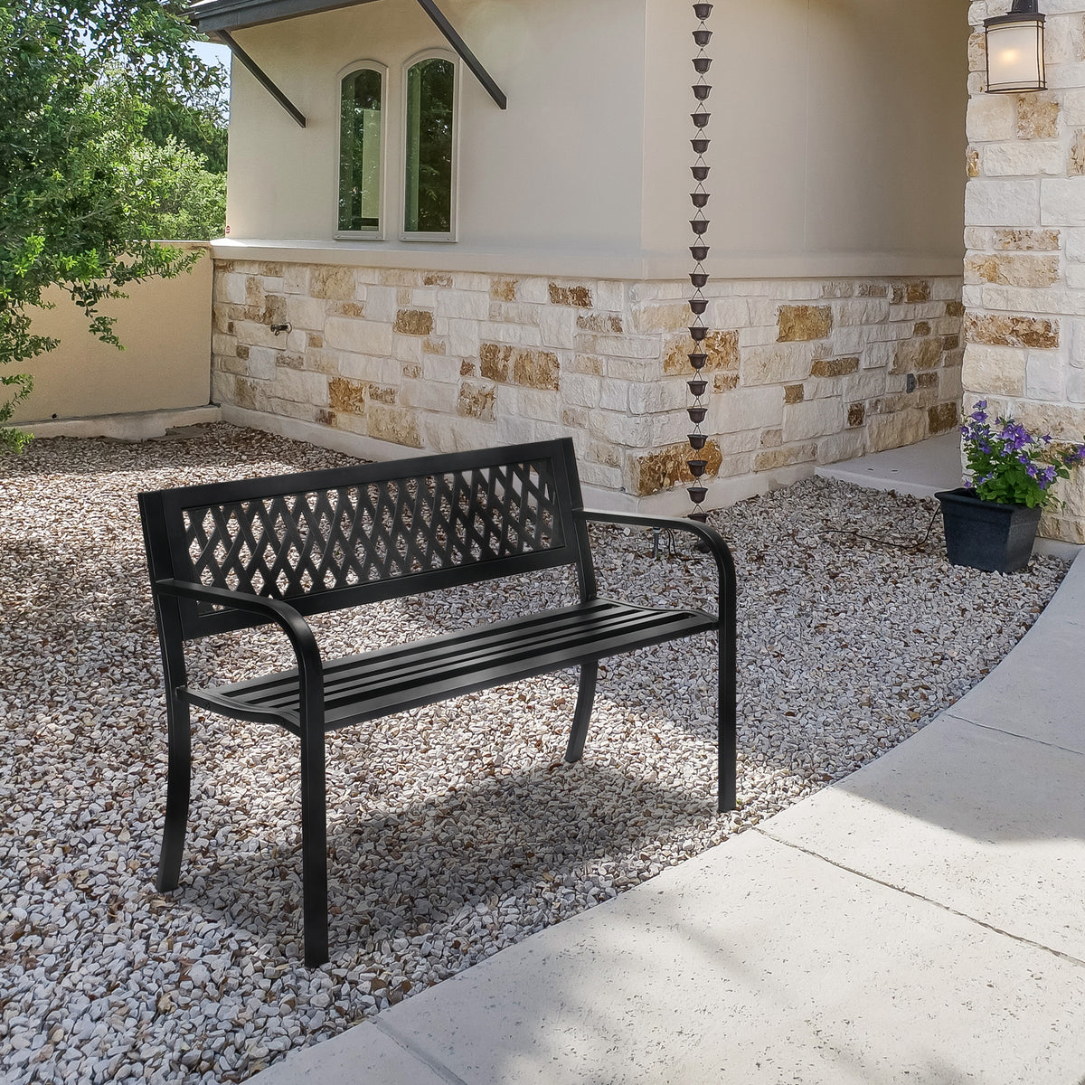 HAOYYE Outdoor PVC Mesh Backrest Iron Bench, Sturdy & Comfortable Seating for Gardens, Patios, and Pathways