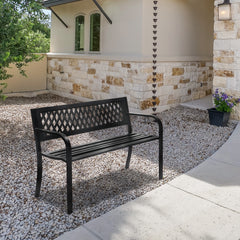 HAOYYE Outdoor PVC Mesh Backrest Iron Bench, Sturdy & Comfortable Seating for Gardens, Patios, and Pathways