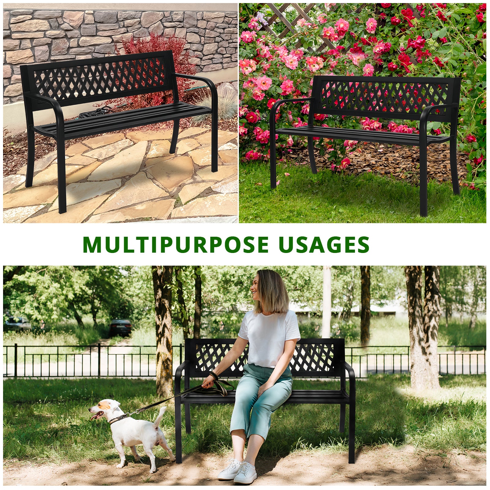 HAOYYE Outdoor PVC Mesh Backrest Iron Bench, Sturdy & Comfortable Seating for Gardens, Patios, and Pathways