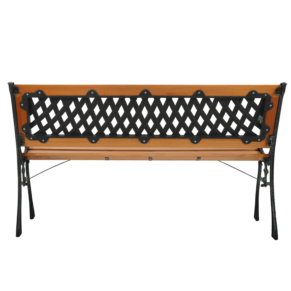 HAOYYE Garden Bench, Patio Porch Chair with Hardwood Seat and Cast Iron Frame, Elegant Weave Style Back, Comfortable Outdoor Love Seat for Deck, Porch, or Garden, Durable and Stylish Seating for Two