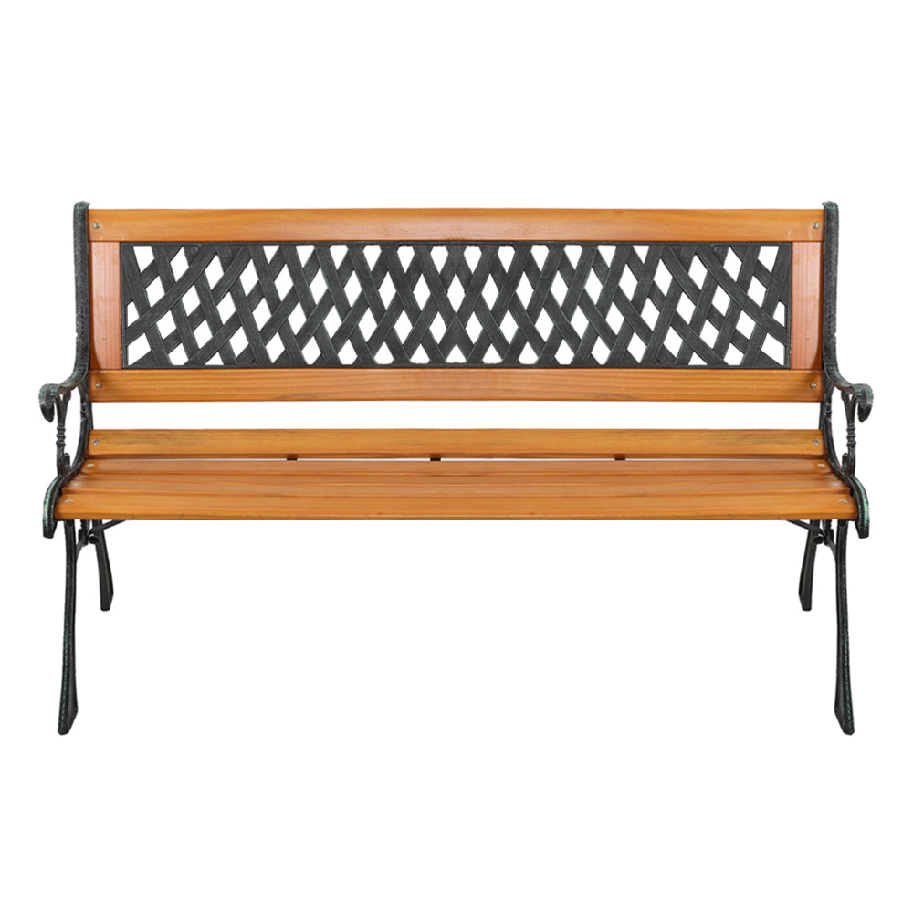 HAOYYE Garden Bench, Patio Porch Chair with Hardwood Seat and Cast Iron Frame, Elegant Weave Style Back, Comfortable Outdoor Love Seat for Deck, Porch, or Garden, Durable and Stylish Seating for Two
