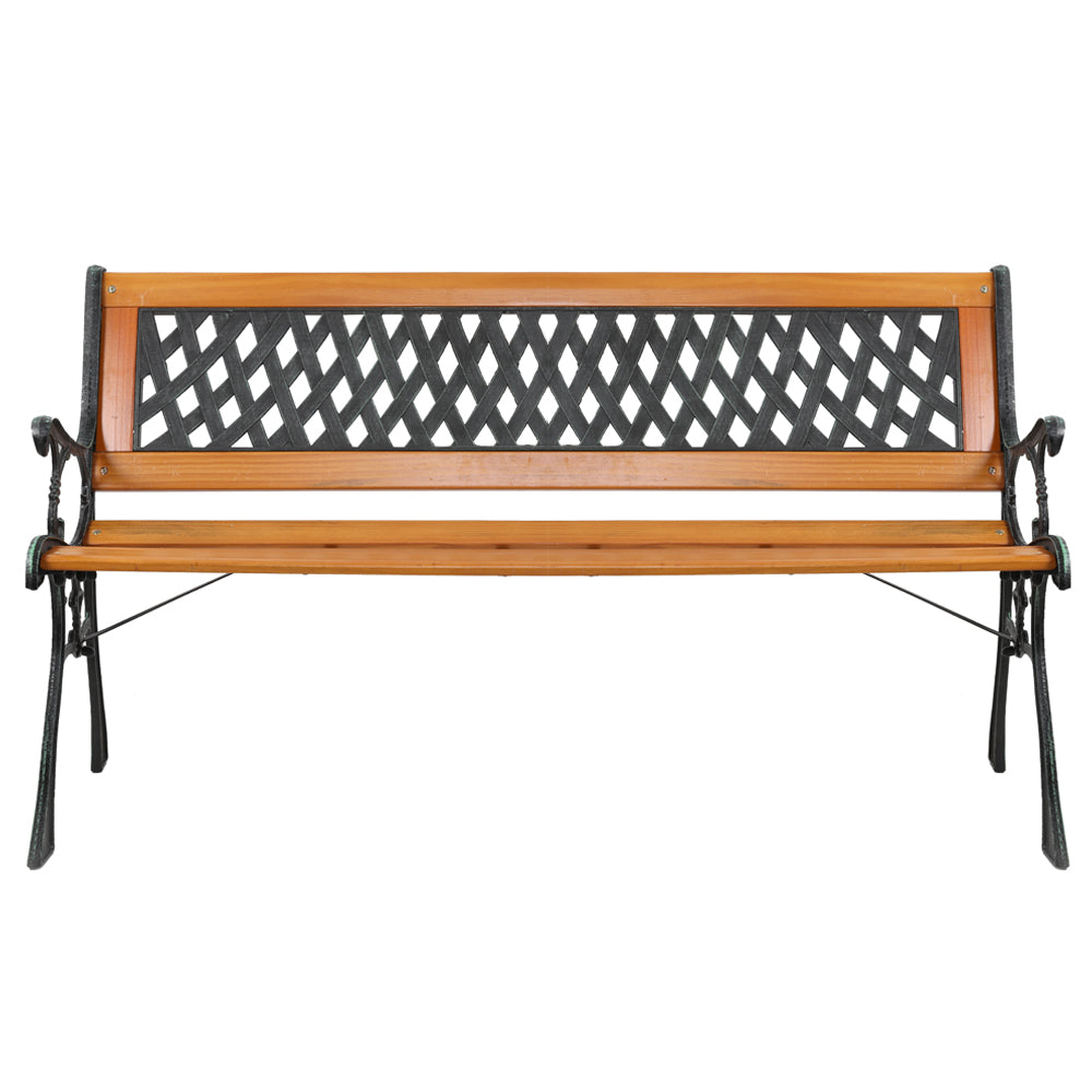 HAOYYE Garden Bench, Patio Porch Chair with Hardwood Seat and Cast Iron Frame, Elegant Weave Style Back, Comfortable Outdoor Love Seat for Deck, Porch, or Garden, Durable and Stylish Seating for Two