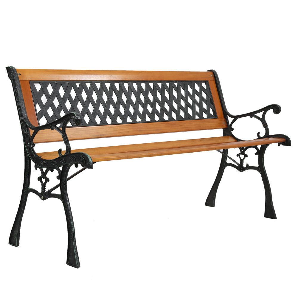 HAOYYE Garden Bench, Patio Porch Chair with Hardwood Seat and Cast Iron Frame, Elegant Weave Style Back, Comfortable Outdoor Love Seat for Deck, Porch, or Garden, Durable and Stylish Seating for Two