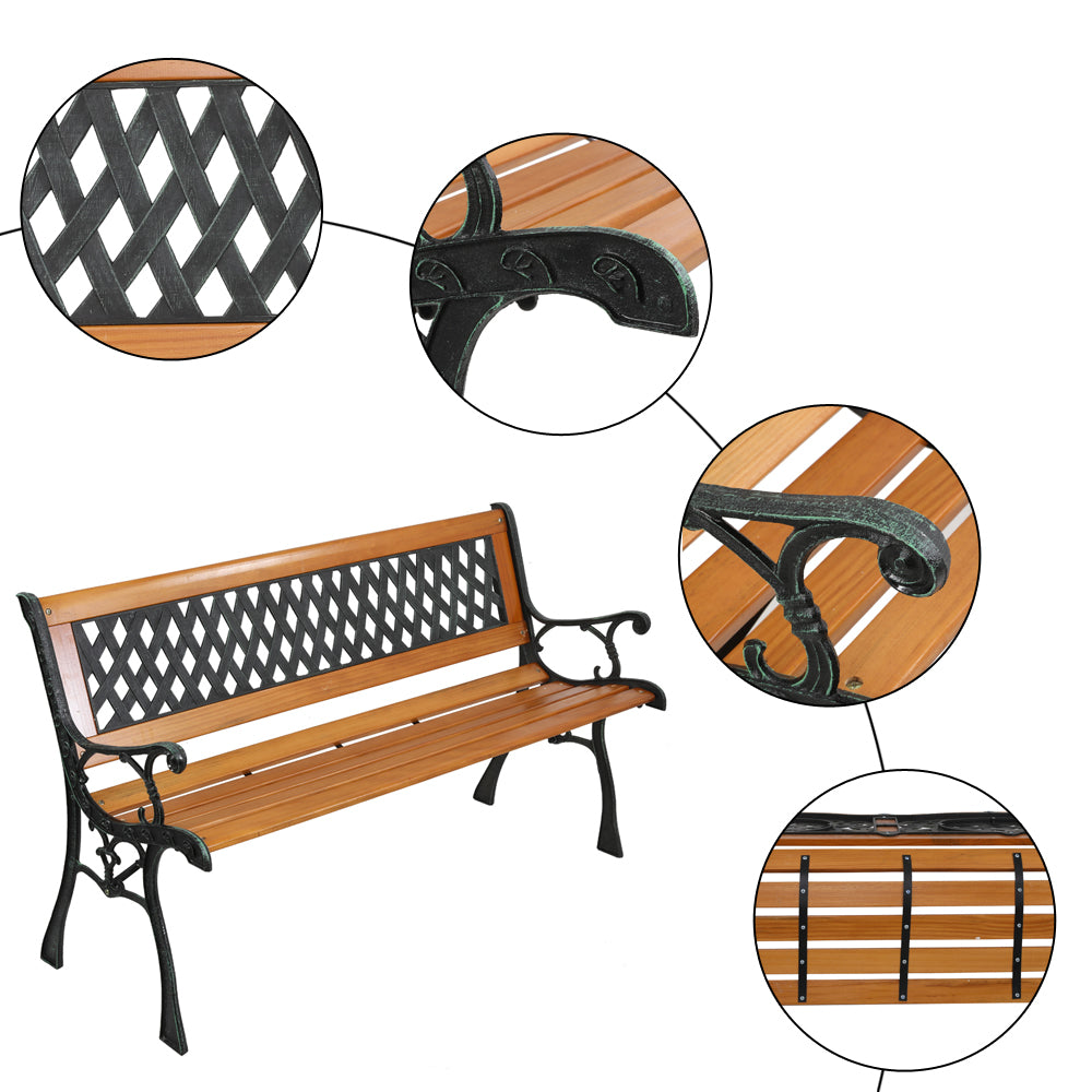 HAOYYE Garden Bench, Patio Porch Chair with Hardwood Seat and Cast Iron Frame, Elegant Weave Style Back, Comfortable Outdoor Love Seat for Deck, Porch, or Garden, Durable and Stylish Seating for Two