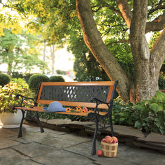 HAOYYE Garden Bench, Patio Porch Chair with Hardwood Seat and Cast Iron Frame, Elegant Weave Style Back, Comfortable Outdoor Love Seat for Deck, Porch, or Garden, Durable and Stylish Seating for Two