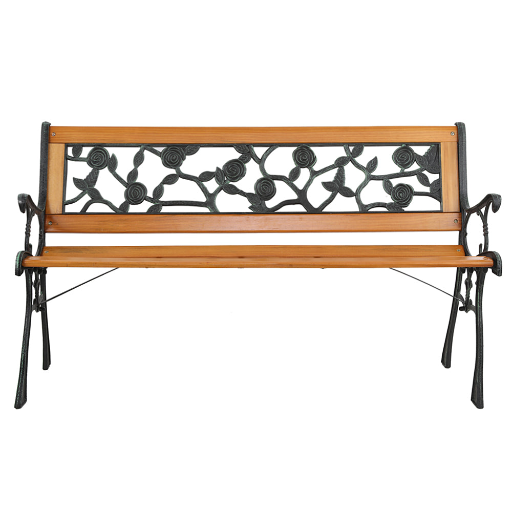 HAOYYE Garden Bench, Patio Porch Chair with Hardwood Seat and Cast Iron Frame, Rose Style Backrest, Comfortable and Elegant Love Seat for Deck, Porch, or Garden, Durable Outdoor Seating for Two