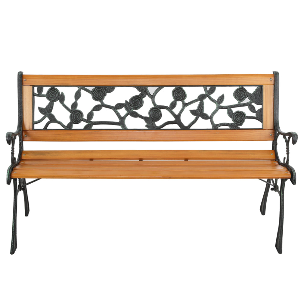 HAOYYE Garden Bench, Patio Porch Chair with Hardwood Seat and Cast Iron Frame, Rose Style Backrest, Comfortable and Elegant Love Seat for Deck, Porch, or Garden, Durable Outdoor Seating for Two