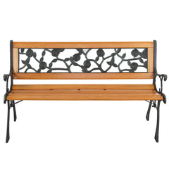 HAOYYE Garden Bench, Patio Porch Chair with Hardwood Seat and Cast Iron Frame, Rose Style Backrest, Comfortable and Elegant Love Seat for Deck, Porch, or Garden, Durable Outdoor Seating for Two