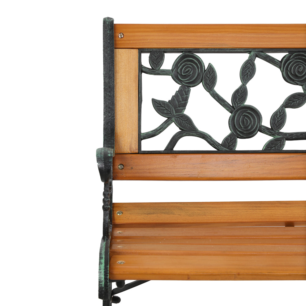 HAOYYE Garden Bench, Patio Porch Chair with Hardwood Seat and Cast Iron Frame, Rose Style Backrest, Comfortable and Elegant Love Seat for Deck, Porch, or Garden, Durable Outdoor Seating for Two