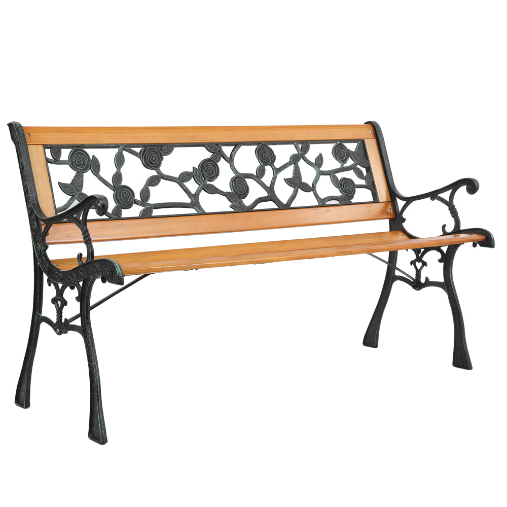 HAOYYE Garden Bench, Patio Porch Chair with Hardwood Seat and Cast Iron Frame, Rose Style Backrest, Comfortable and Elegant Love Seat for Deck, Porch, or Garden, Durable Outdoor Seating for Two