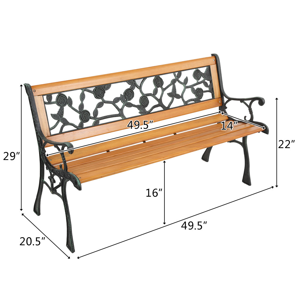 HAOYYE Garden Bench, Patio Porch Chair with Hardwood Seat and Cast Iron Frame, Rose Style Backrest, Comfortable and Elegant Love Seat for Deck, Porch, or Garden, Durable Outdoor Seating for Two
