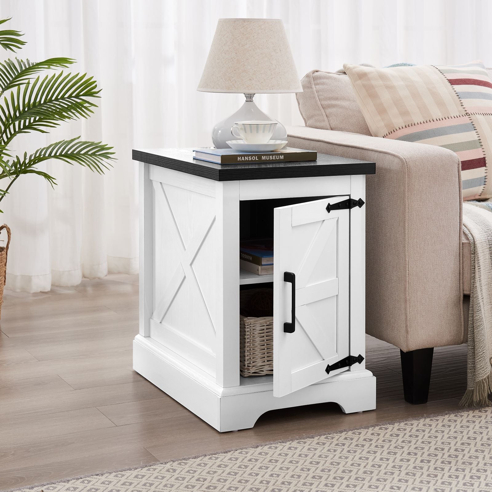 HAOYYE Farmhouse End Table Nightstand with Barn Door and Adjustable Storage Shelf, Rustic White Rectangular Sofa Side Table for Living Room and Bedroom, Vintage Accent Furniture with Storage, Versatile Design for Home Decor