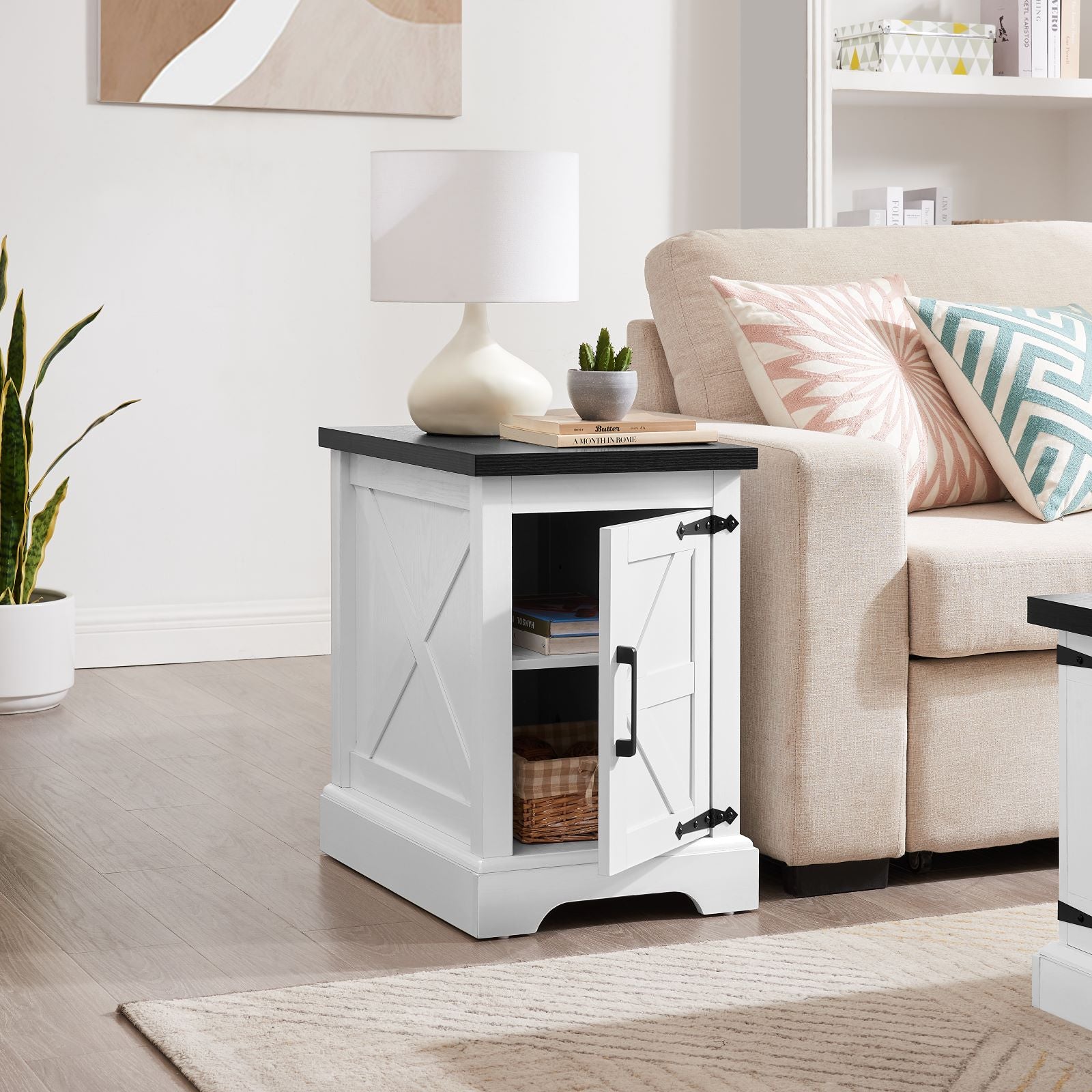 HAOYYE Farmhouse End Table Nightstand with Barn Door and Adjustable Storage Shelf, Rustic White Rectangular Sofa Side Table for Living Room and Bedroom, Vintage Accent Furniture with Storage, Versatile Design for Home Decor