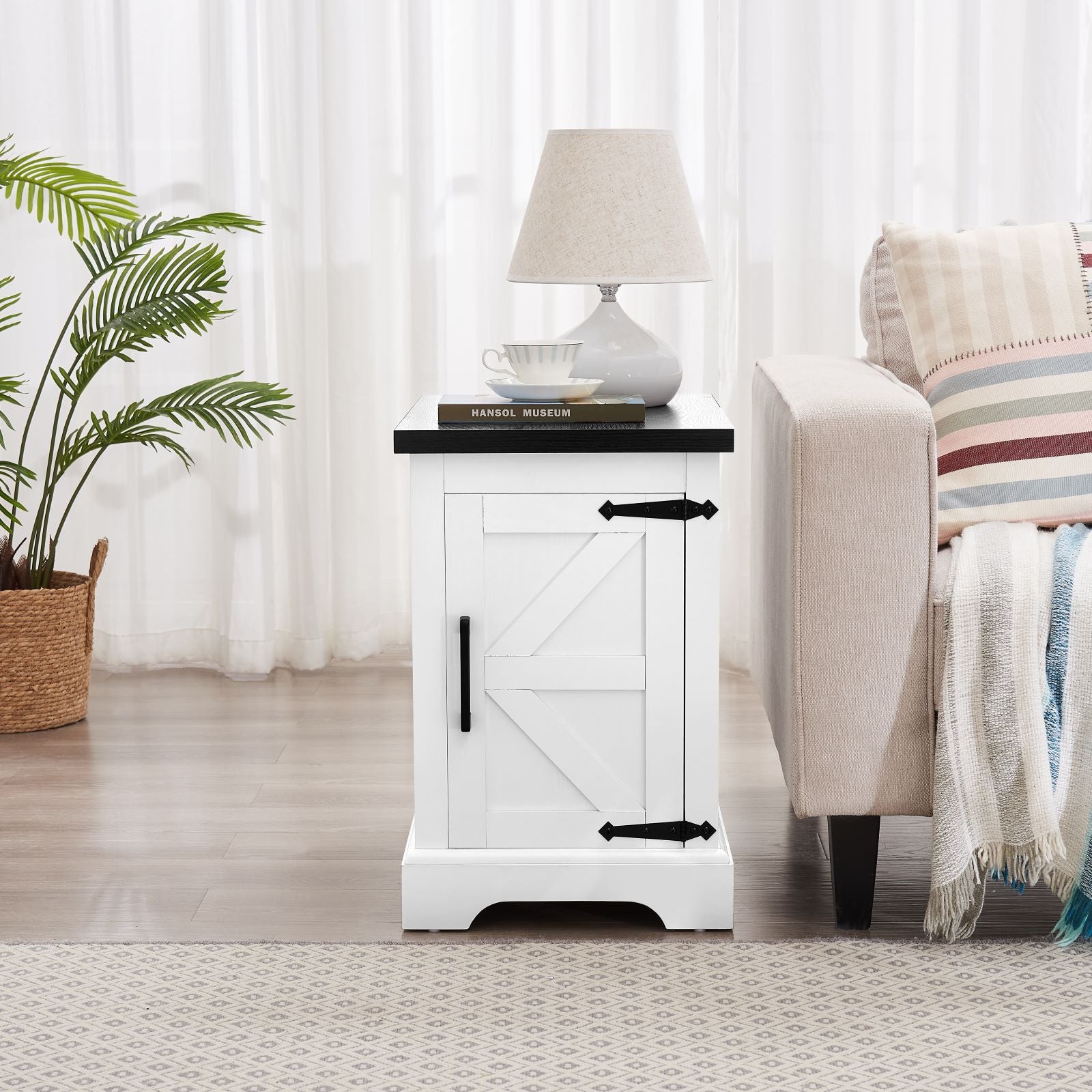 HAOYYE Farmhouse End Table Nightstand with Barn Door and Adjustable Storage Shelf, Rustic White Rectangular Sofa Side Table for Living Room and Bedroom, Vintage Accent Furniture with Storage, Versatile Design for Home Decor