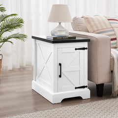 HAOYYE Farmhouse End Table Nightstand with Barn Door and Adjustable Storage Shelf, Rustic White Rectangular Sofa Side Table for Living Room and Bedroom, Vintage Accent Furniture with Storage, Versatile Design for Home Decor