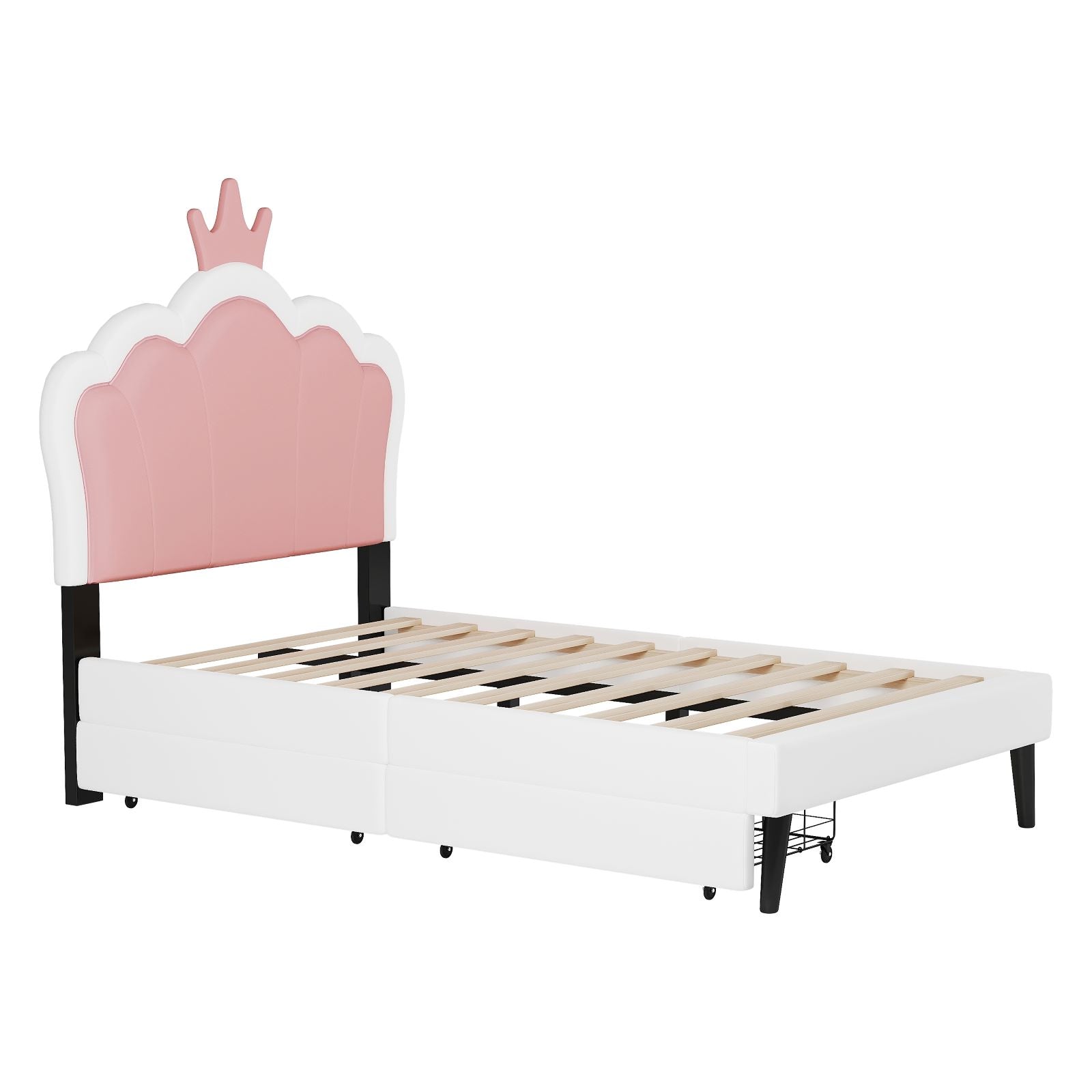 HAOYYE Twin Size Upholstered Princess Bed with Crown Headboard and Footboard, 2 Storage Drawers, Pink & White, Platform Bed for Girls Bedroom, Cute & Functional Kids Bed with Storage, Durable and Easy Assembly