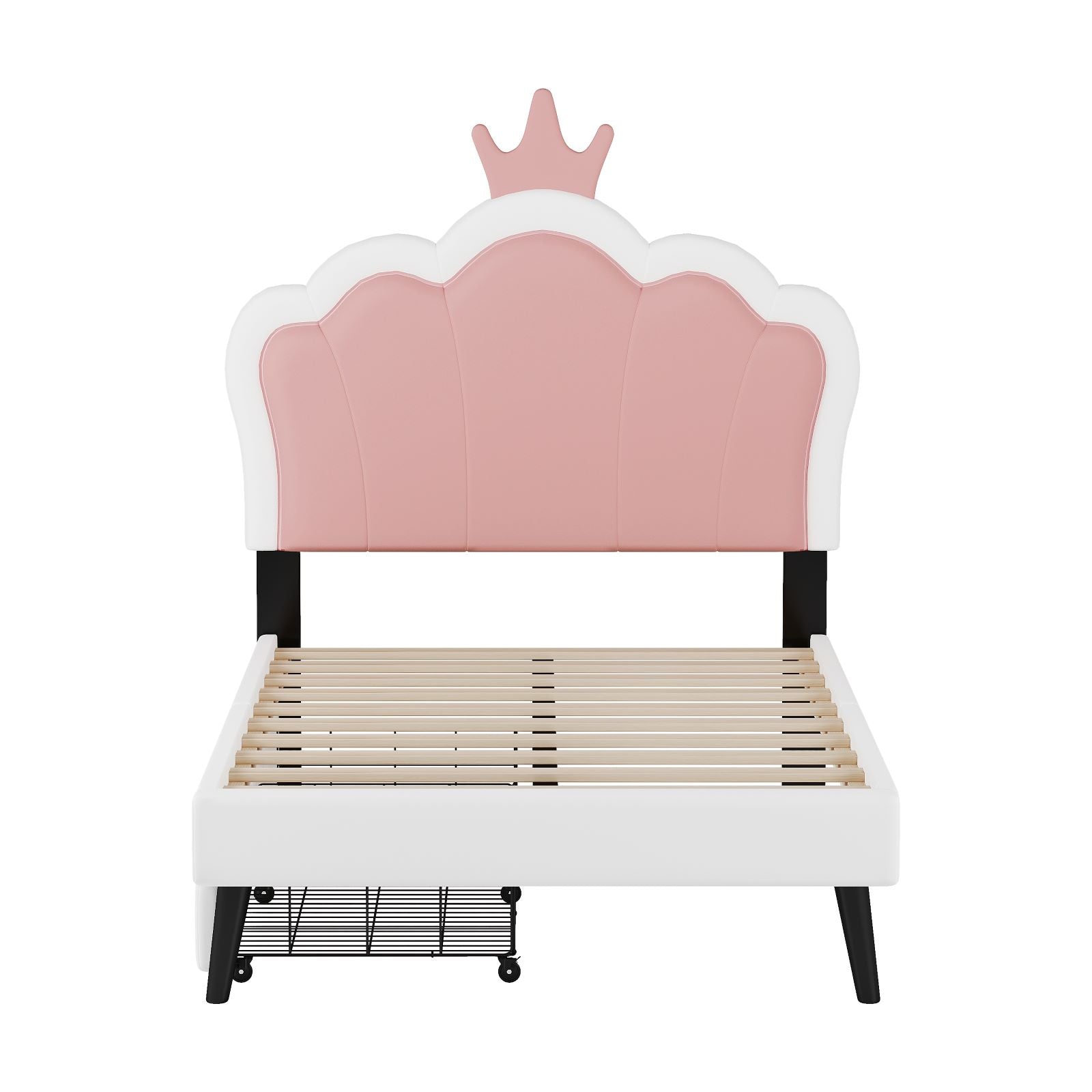HAOYYE Twin Size Upholstered Princess Bed with Crown Headboard and Footboard, 2 Storage Drawers, Pink & White, Platform Bed for Girls Bedroom, Cute & Functional Kids Bed with Storage, Durable and Easy Assembly