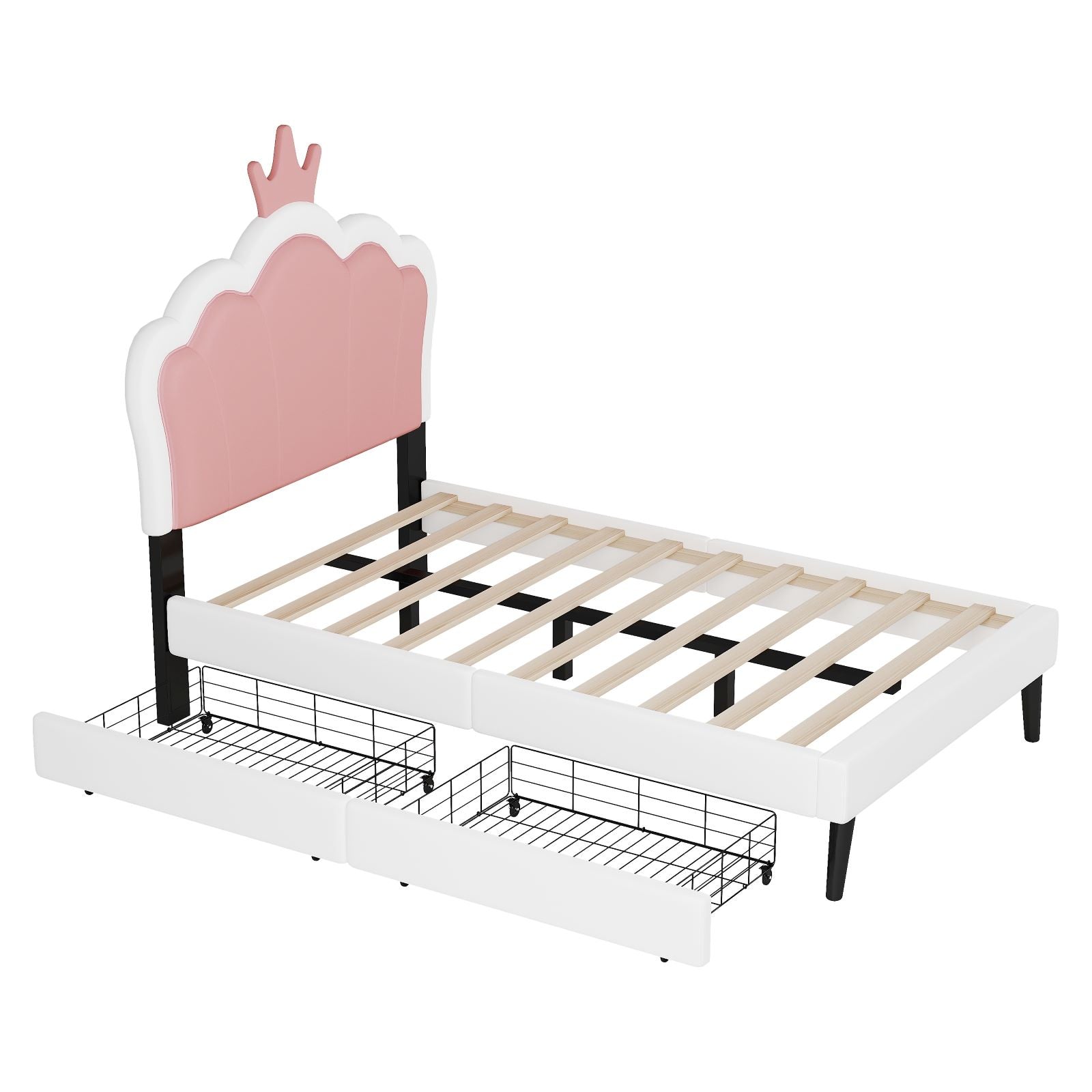 HAOYYE Twin Size Upholstered Princess Bed with Crown Headboard and Footboard, 2 Storage Drawers, Pink & White, Platform Bed for Girls Bedroom, Cute & Functional Kids Bed with Storage, Durable and Easy Assembly