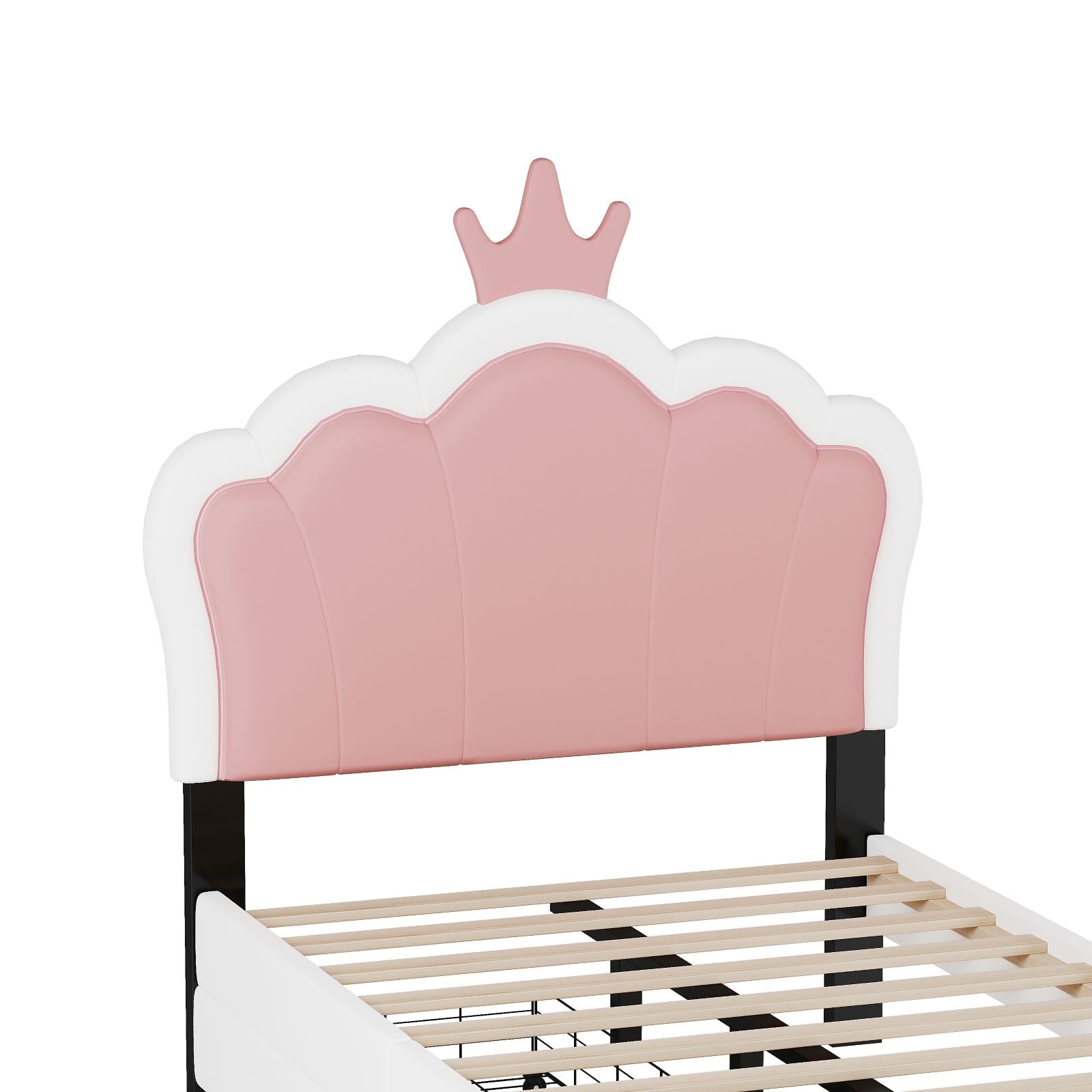HAOYYE Twin Size Upholstered Princess Bed with Crown Headboard and Footboard, 2 Storage Drawers, Pink & White, Platform Bed for Girls Bedroom, Cute & Functional Kids Bed with Storage, Durable and Easy Assembly