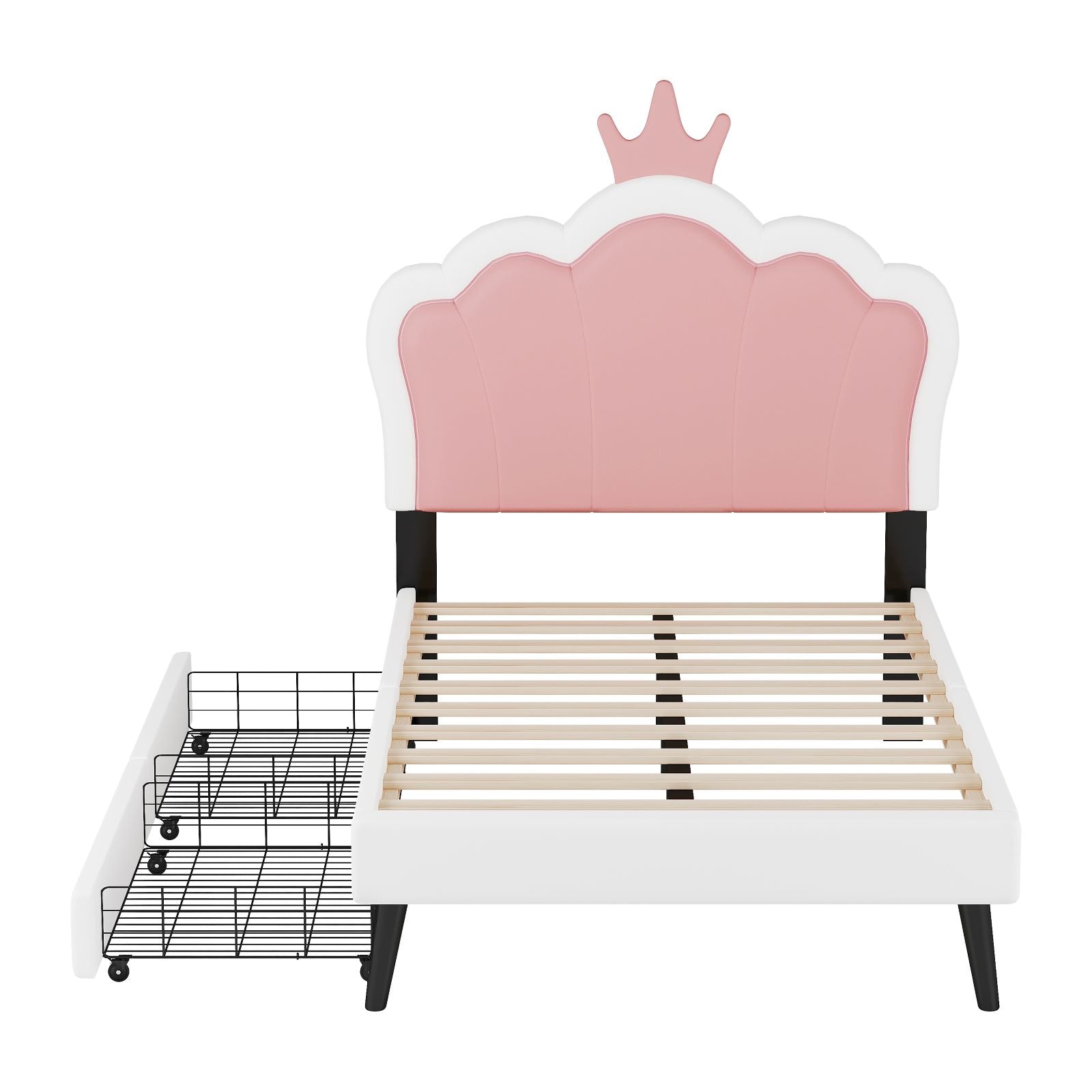 HAOYYE Twin Size Upholstered Princess Bed with Crown Headboard and Footboard, 2 Storage Drawers, Pink & White, Platform Bed for Girls Bedroom, Cute & Functional Kids Bed with Storage, Durable and Easy Assembly