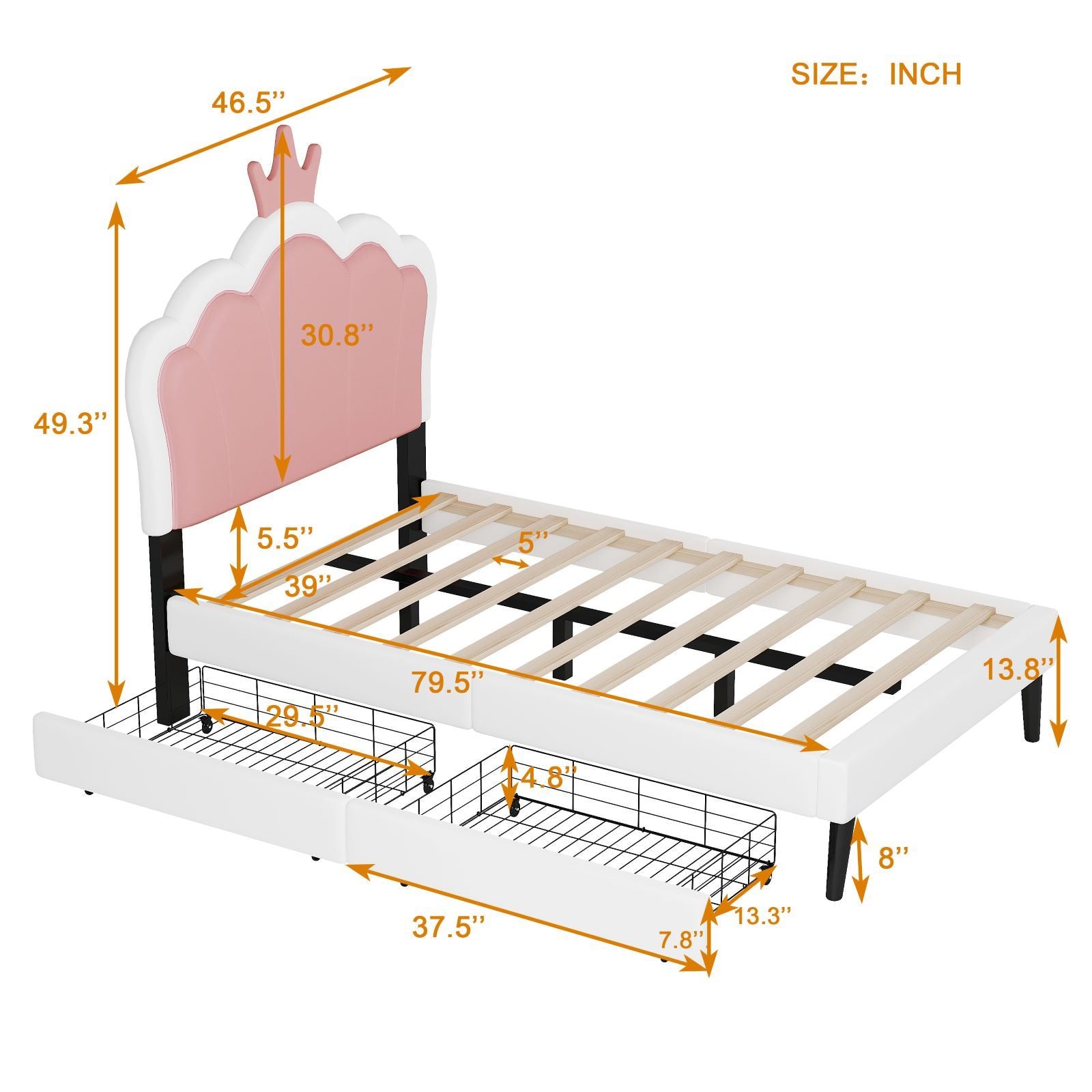 HAOYYE Twin Size Upholstered Princess Bed with Crown Headboard and Footboard, 2 Storage Drawers, Pink & White, Platform Bed for Girls Bedroom, Cute & Functional Kids Bed with Storage, Durable and Easy Assembly
