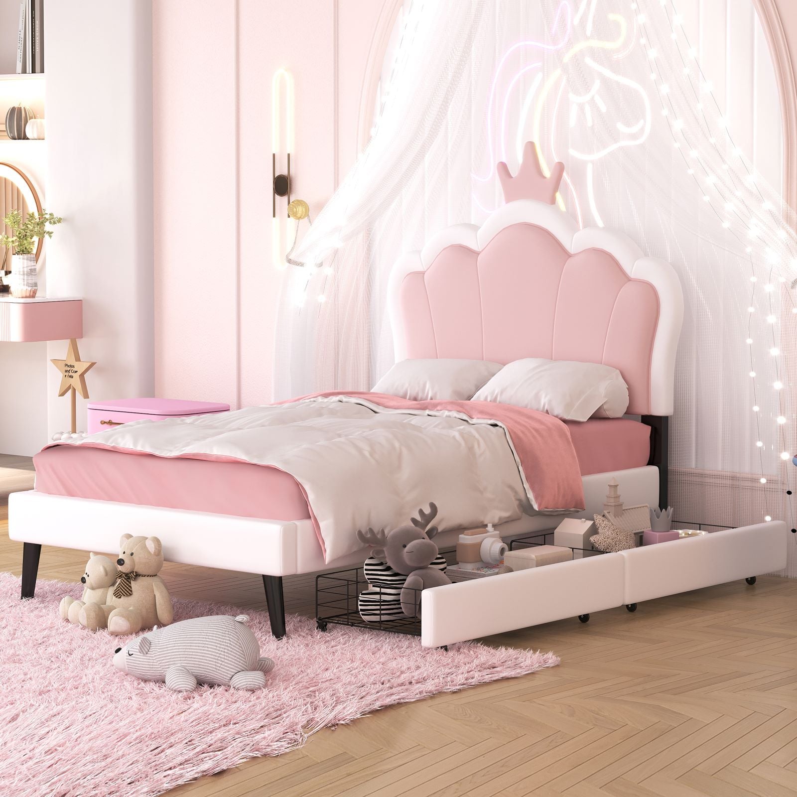 HAOYYE Twin Size Upholstered Princess Bed with Crown Headboard and Footboard, 2 Storage Drawers, Pink & White, Platform Bed for Girls Bedroom, Cute & Functional Kids Bed with Storage, Durable and Easy Assembly