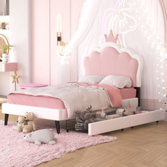 HAOYYE Twin Size Upholstered Princess Bed with Crown Headboard and Footboard, 2 Storage Drawers, Pink & White, Platform Bed for Girls Bedroom, Cute & Functional Kids Bed with Storage, Durable and Easy Assembly