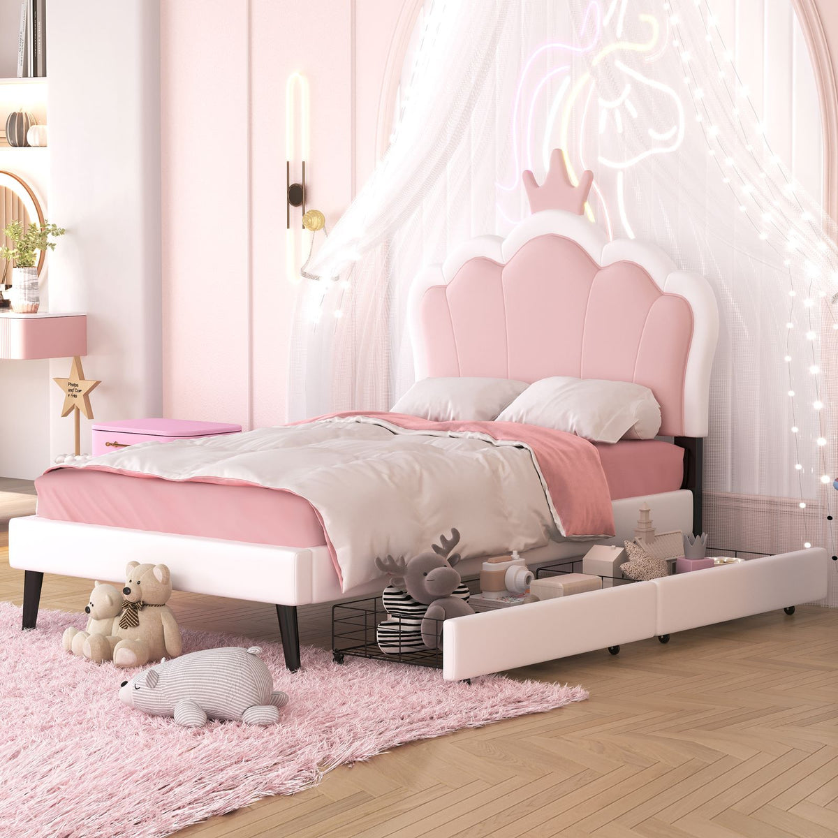 HAOYYE Twin Size Upholstered Princess Bed with Crown Headboard and Footboard, 2 Storage Drawers, Pink & White, Platform Bed for Girls Bedroom, Cute & Functional Kids Bed with Storage, Durable and Easy Assembly