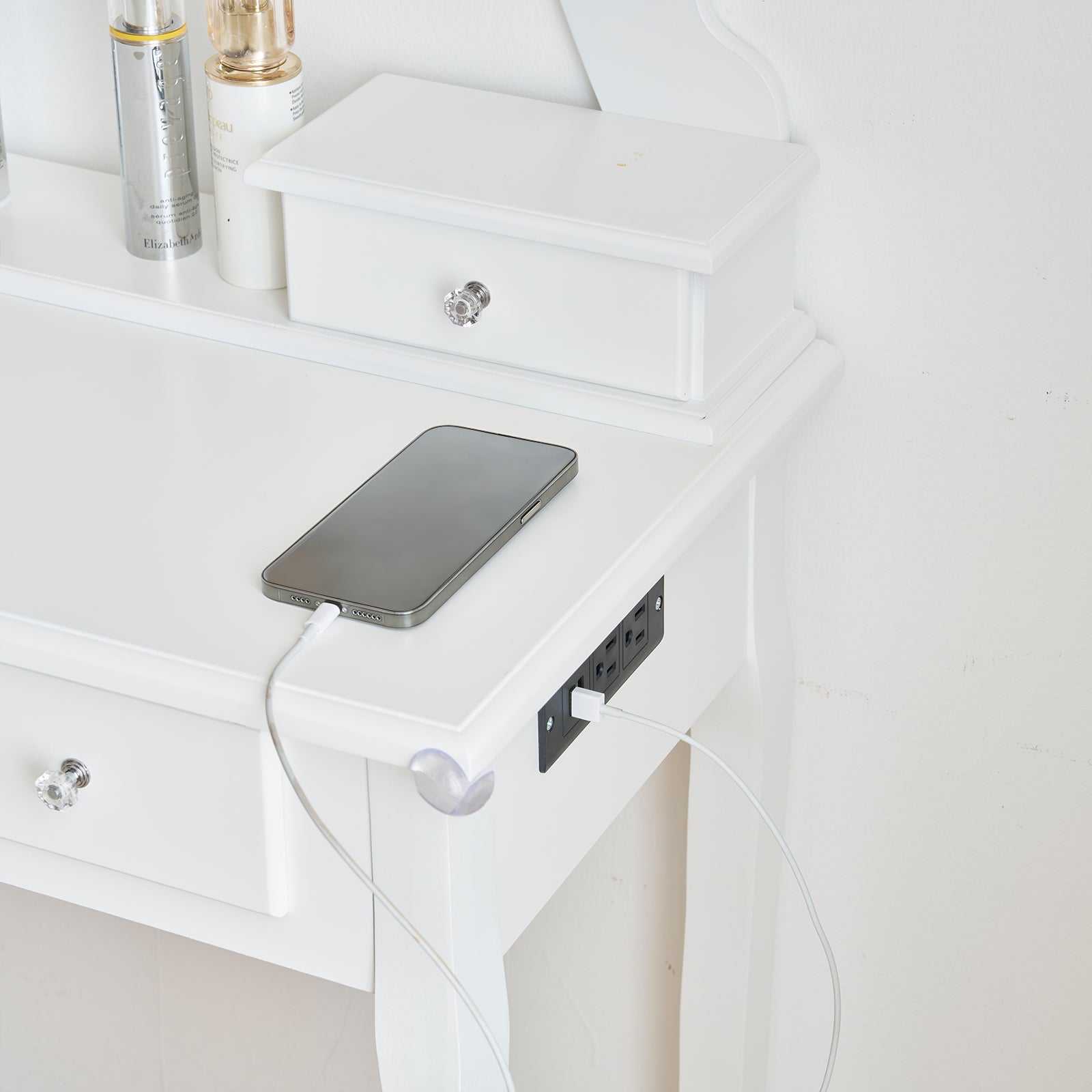HAOYYE Vanity Set With 3-Color Dimmable Lighted Mirror Makeup Dressing Table With Power Outlet Drawers And Cushioned Stool