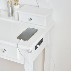 HAOYYE Vanity Set With 3-Color Dimmable Lighted Mirror Makeup Dressing Table With Power Outlet Drawers And Cushioned Stool