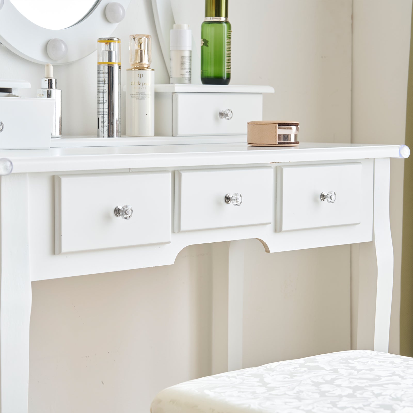 HAOYYE Vanity Set With 3-Color Dimmable Lighted Mirror Makeup Dressing Table With Power Outlet Drawers And Cushioned Stool