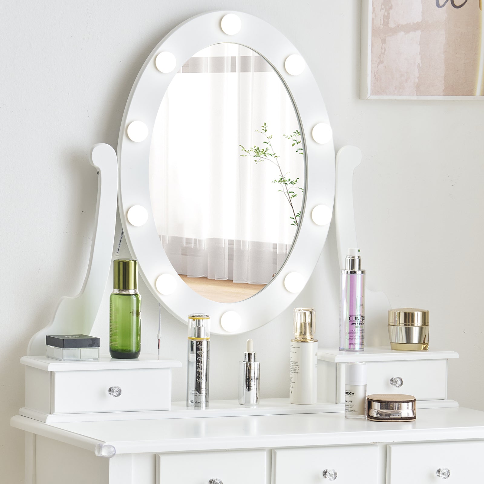 HAOYYE Vanity Set With 3-Color Dimmable Lighted Mirror Makeup Dressing Table With Power Outlet Drawers And Cushioned Stool