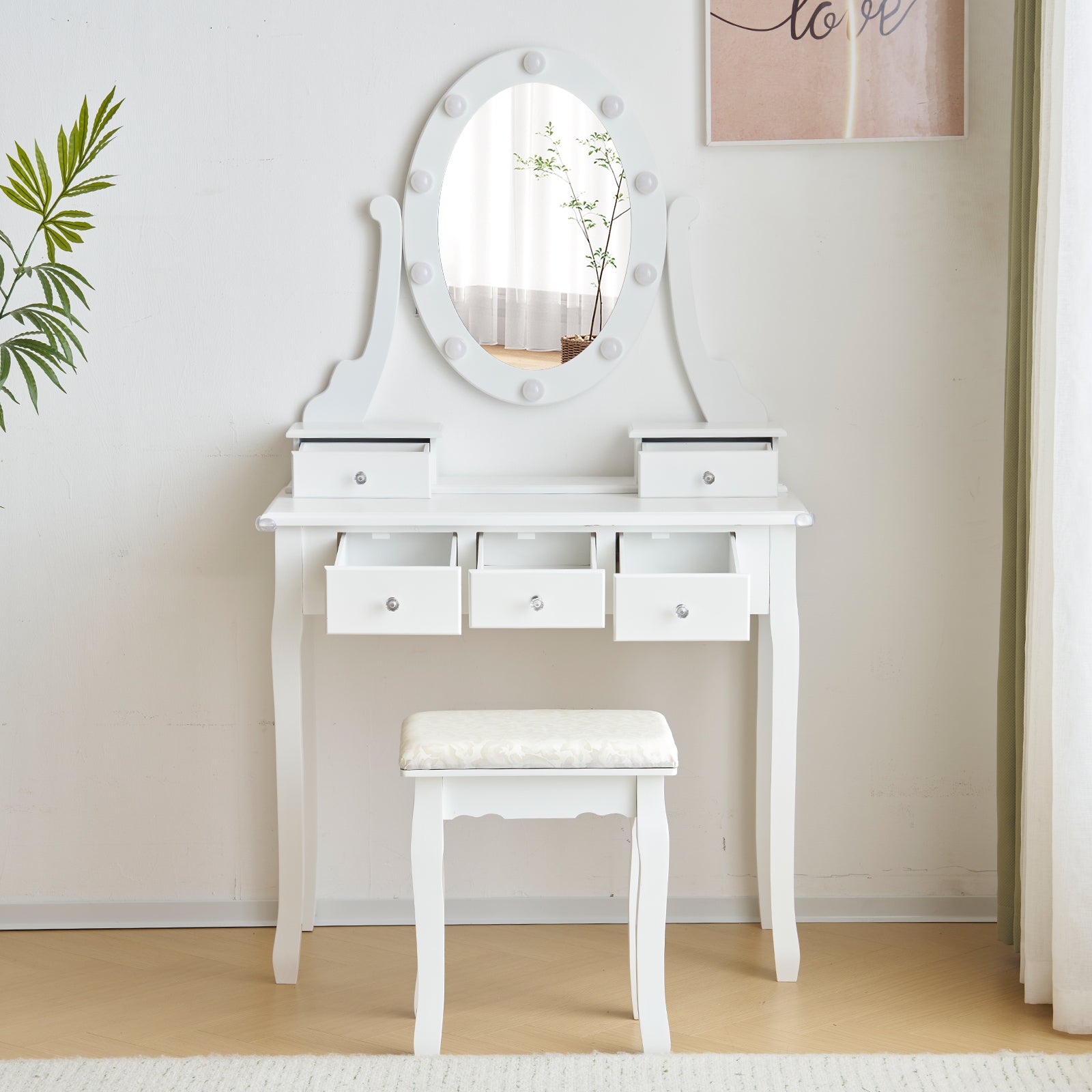 HAOYYE Vanity Set With 3-Color Dimmable Lighted Mirror Makeup Dressing Table With Power Outlet Drawers And Cushioned Stool