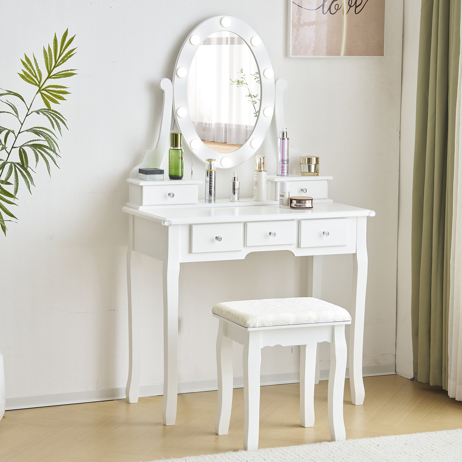HAOYYE Vanity Set With 3-Color Dimmable Lighted Mirror Makeup Dressing Table With Power Outlet Drawers And Cushioned Stool