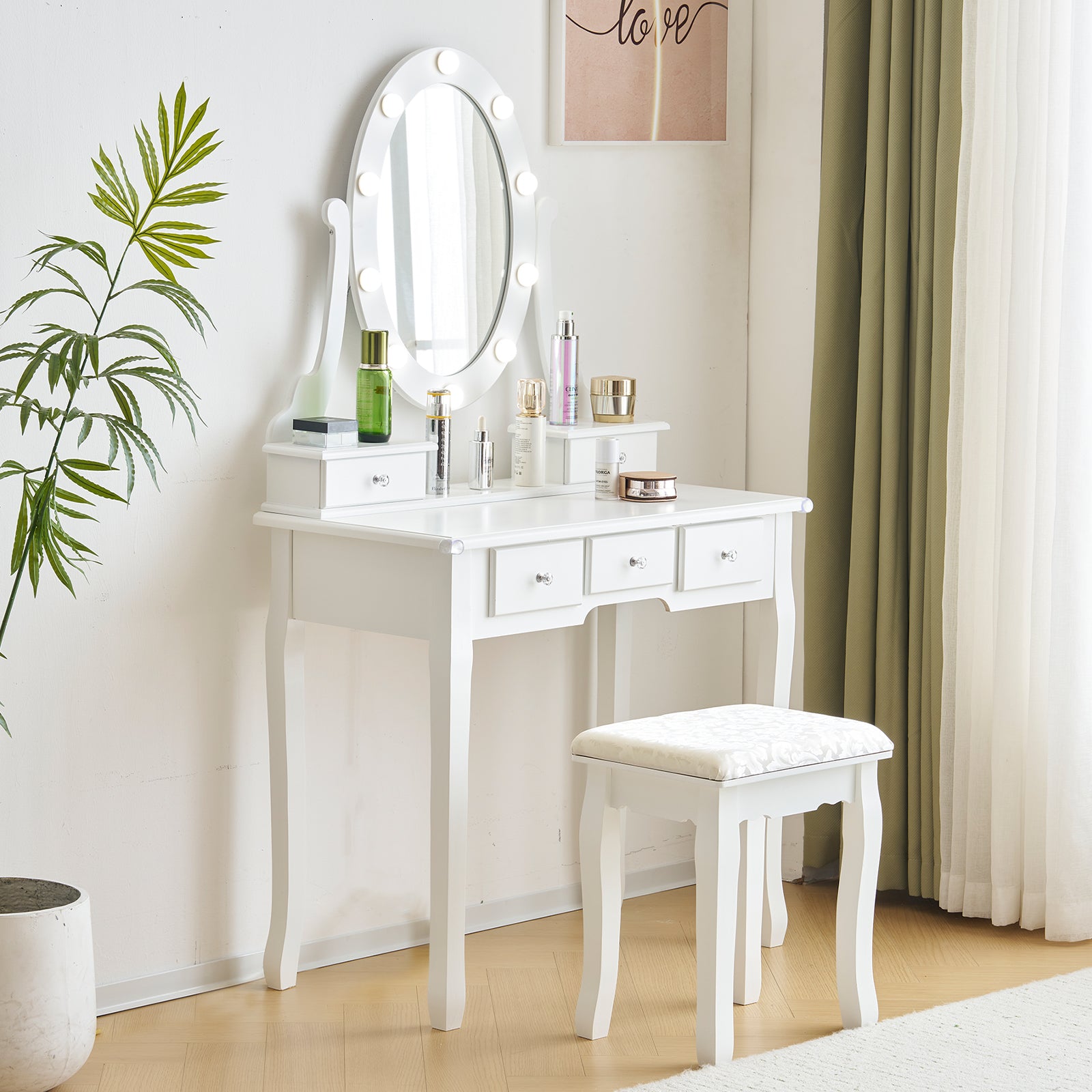 HAOYYE Vanity Set With 3-Color Dimmable Lighted Mirror Makeup Dressing Table With Power Outlet Drawers And Cushioned Stool