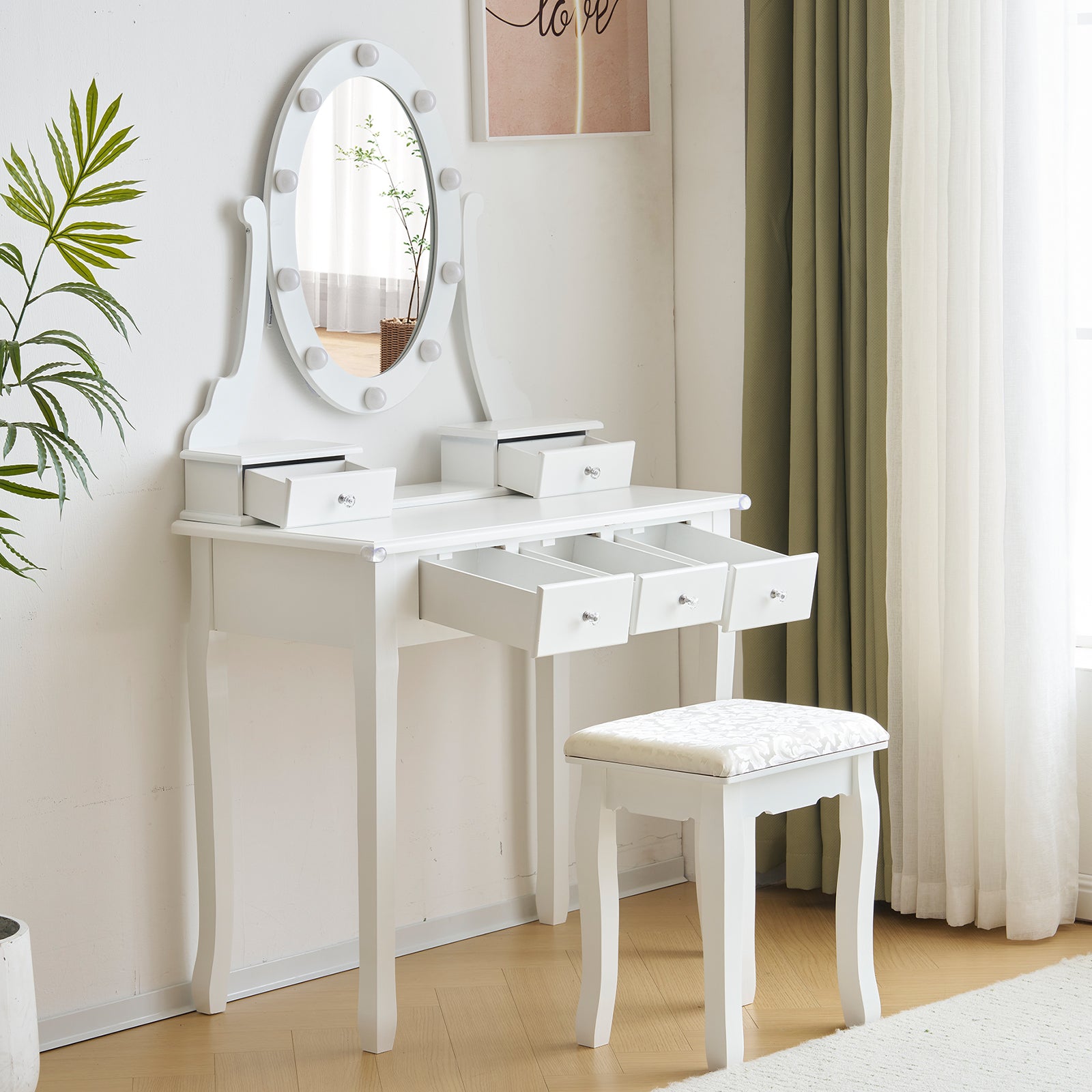 HAOYYE Vanity Set With 3-Color Dimmable Lighted Mirror Makeup Dressing Table With Power Outlet Drawers And Cushioned Stool