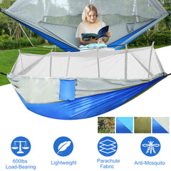 HAOYYE Portable Double Hammock with Mosquito Net for 2 Persons Lightweight Parachute Nylon Swing Bed Supports 600lbs for Outdoor Camping Hiking Travel Backyard with Tree Straps Hooks and Carry Bag