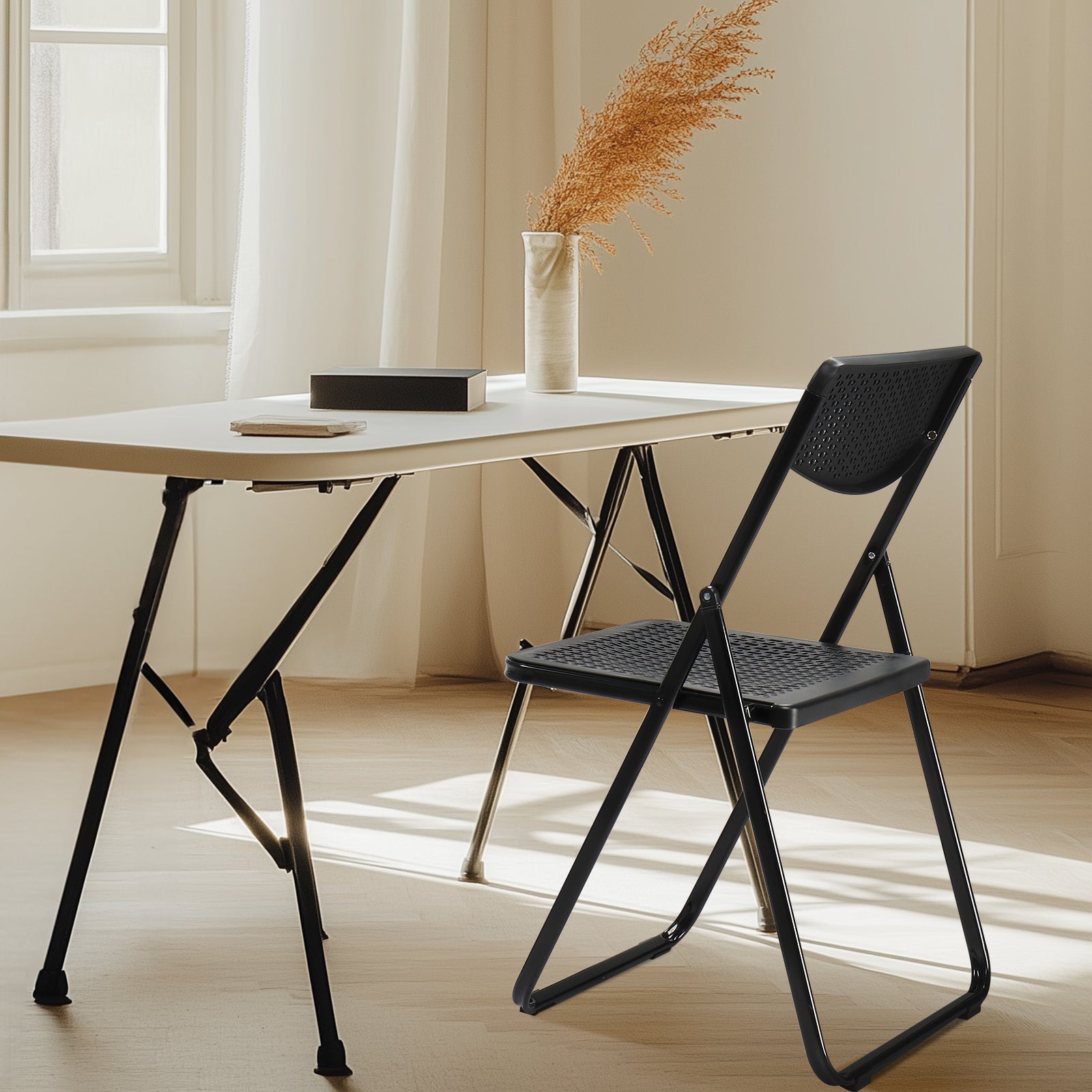 HAOYYE 4 Pack Plastic Folding Chairs, Lightweight Stackable Commercial Chairs, Portable Event Seats Indoor Outdoor for Home Event Party Picnic School Wedding, Black soft cozy warm flannel fleece home