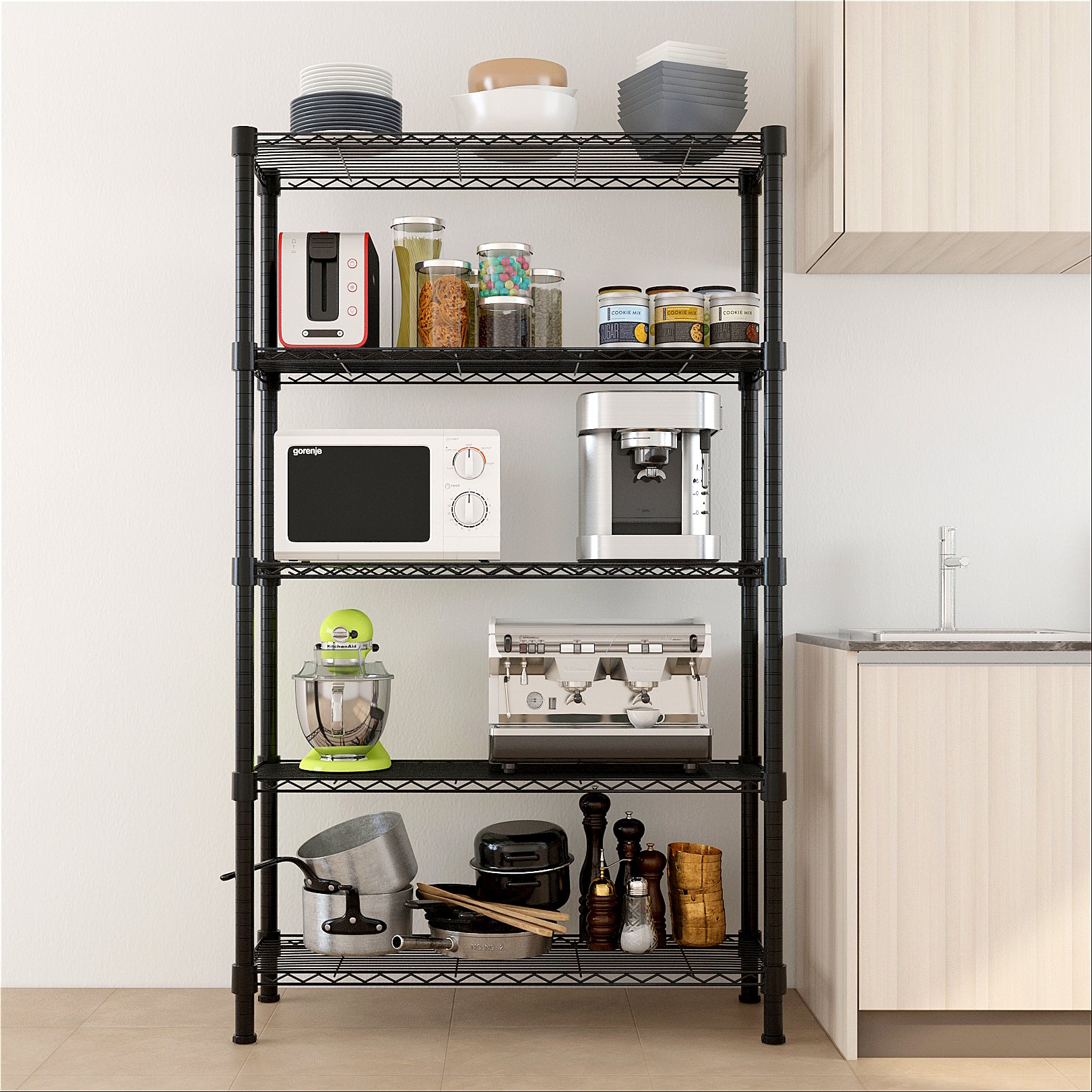 HAOYYE 5-Layer Plastic Coated Iron Storage Shelf, Durable Black Utility Rack, Heavy-Duty Steel Organizer for Home and Office, Space-Saving Shelving Unit with Sturdy Design, Easy Assembly, and Versatile Use